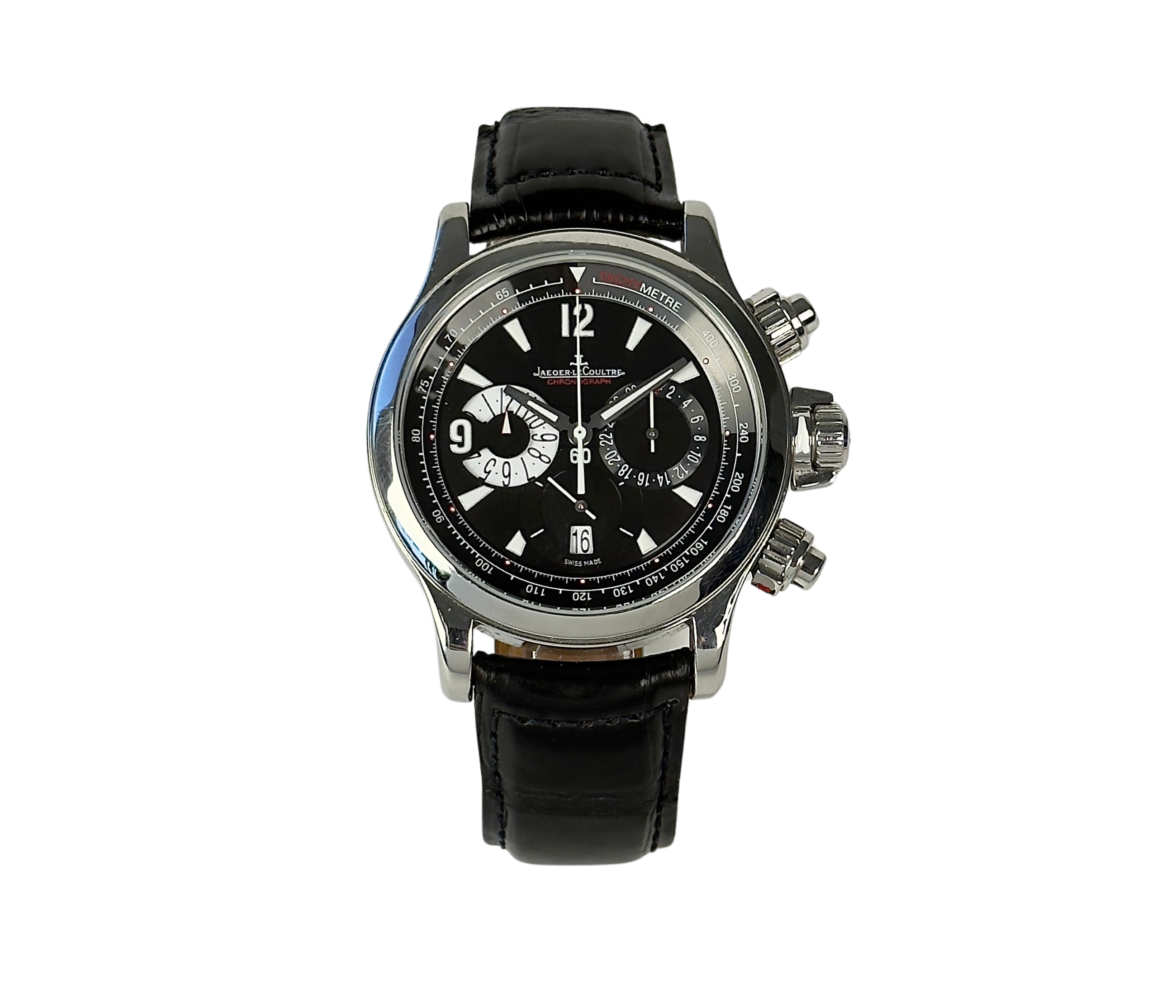 Jaeger LeCoultre Master Compressor Chronograph 1161 (2007) i stål. Uret fremstår i god stand, 8.5/10. Kommer med bokse, certifikat, manual, servicekvittering samt to ekstra originale JLC-remme inkl. JLC-spænder.