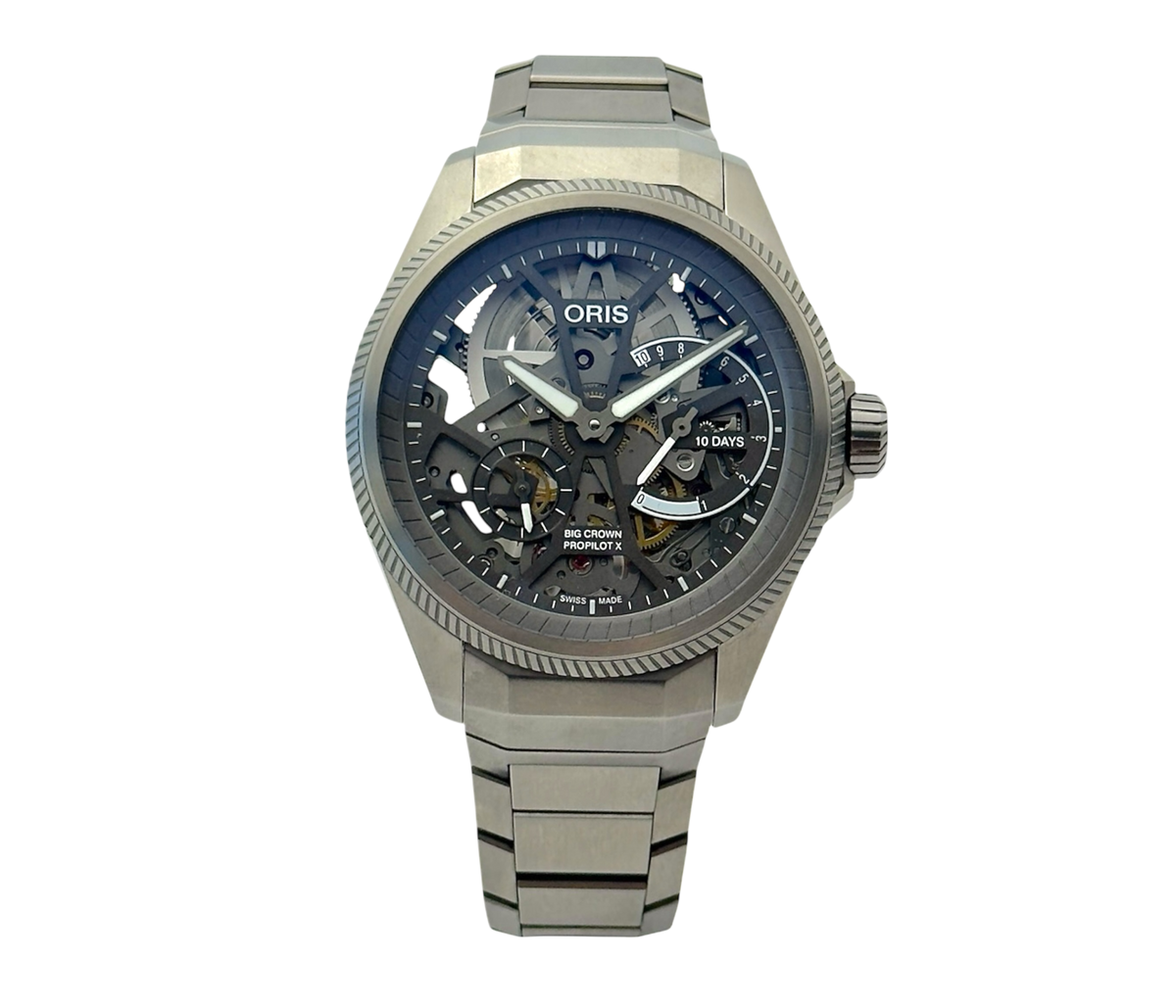 Oris Propilot X Skeleton 01 115 7759 7153 i titanium stående frontvisning i ny stand fuldt sæt