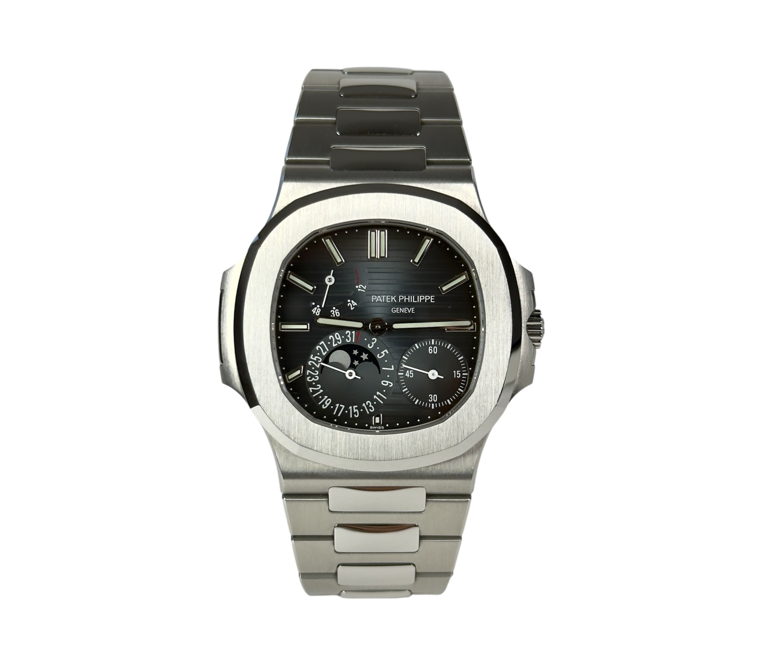 Patek Philippe Nautilus Moon Phase ref. 5712 (2018) i stål. Eftertragtet og smukt Nautilus med blå skive, månefase, small second, gangreserve samt automatisk mikrorotorværk.
Uret er i utrolig flot stand, 9.5/10.
Kommer som fuldt sæt: Bokse, certifikat, manualer, stillepind mv.