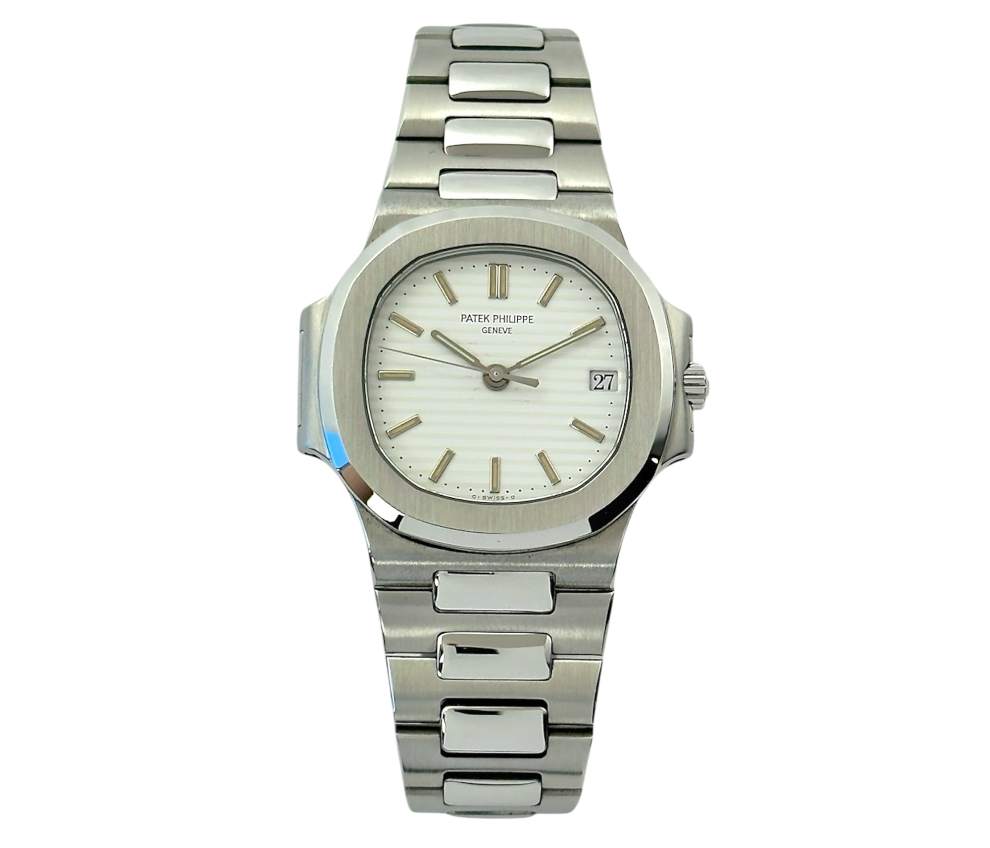 Patek Philippe Nautilus 3800 stående frontvisning med smuk patina i god stand med boks og certifikat