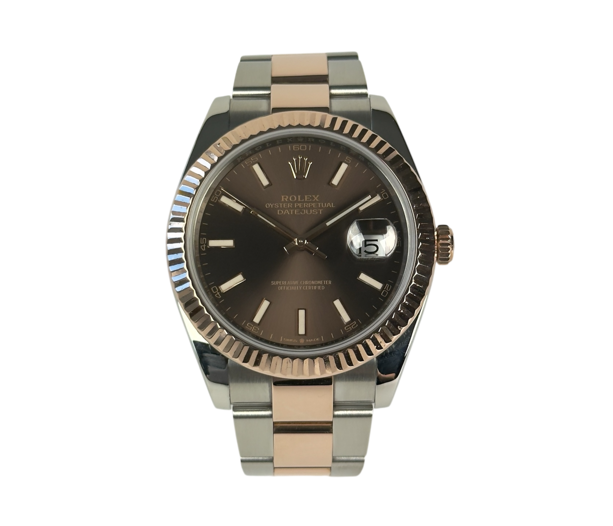 Rolex Datejust 126331 Choco på Oyster-lænke med riflet krans. Fremstår i god stand med brugsspor. Med åbent certifikat.