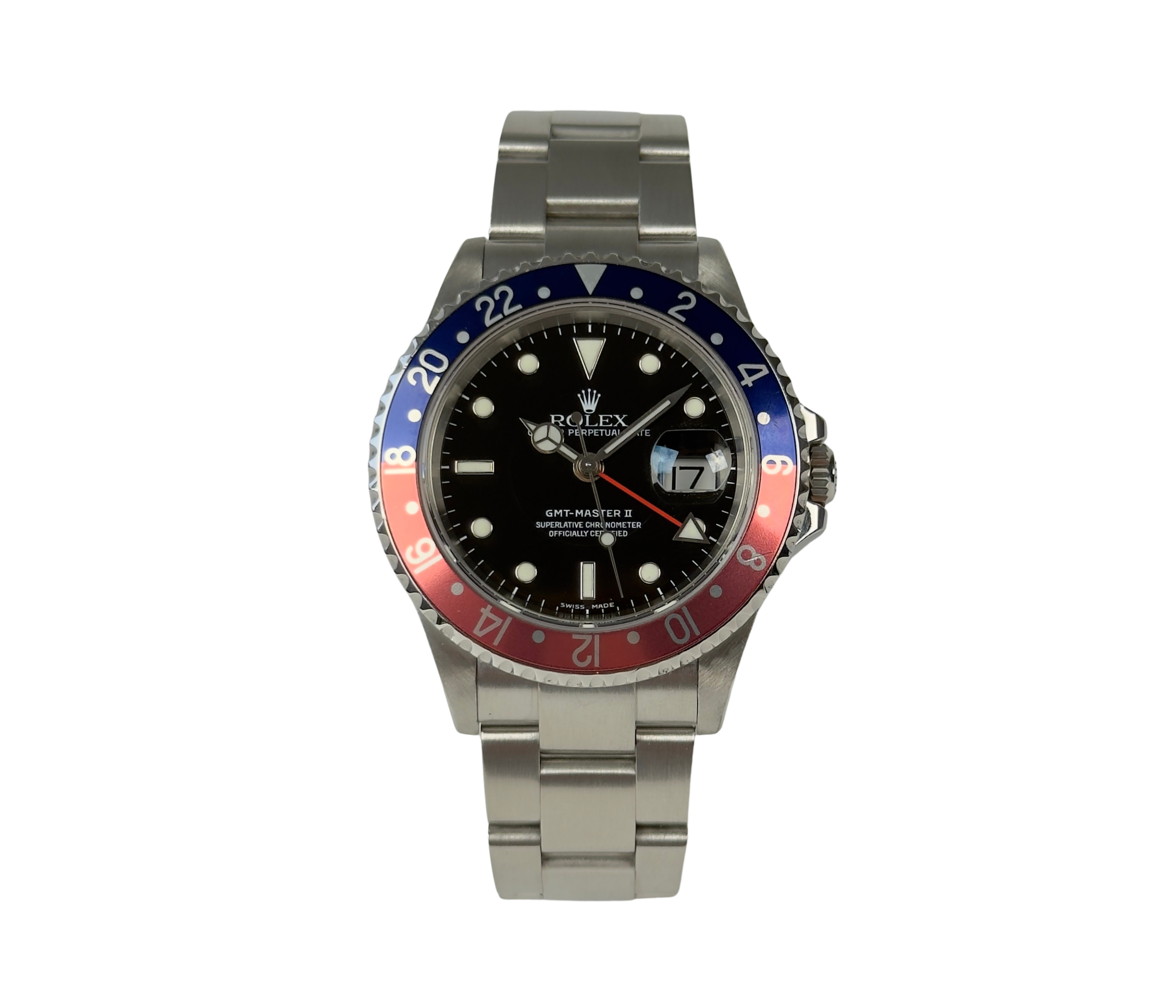 Rolex GMT-Master 16710 med pepsi-insert (2006). Uret fremstår i rigtig flot stand, 9/10. Kommer med bokse, servicebevis, tidligere købsbevis, manualer/booklets, holder og bezelbeskytter.