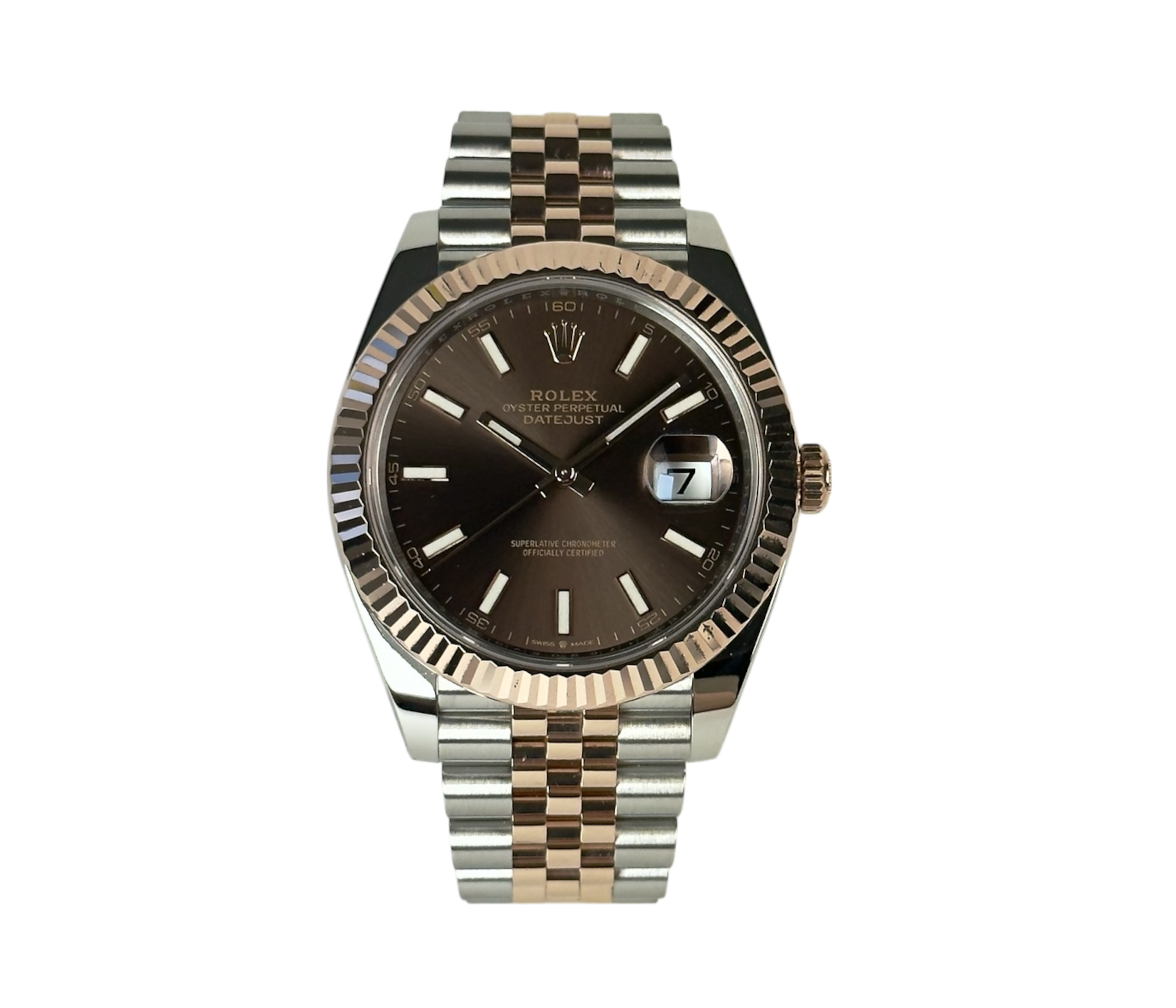 Rolex Datejust 126331 i rosaguld/stål på Jubilee-lænke og med riflet krans. Super stand. Fuldt sæt.