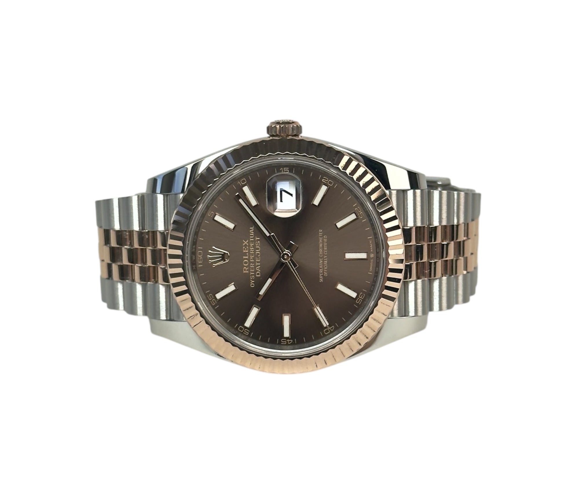 Rolex Datejust 126331 i rosaguld/stål på Jubilee-lænke og med riflet krans. Super stand. Fuldt sæt.