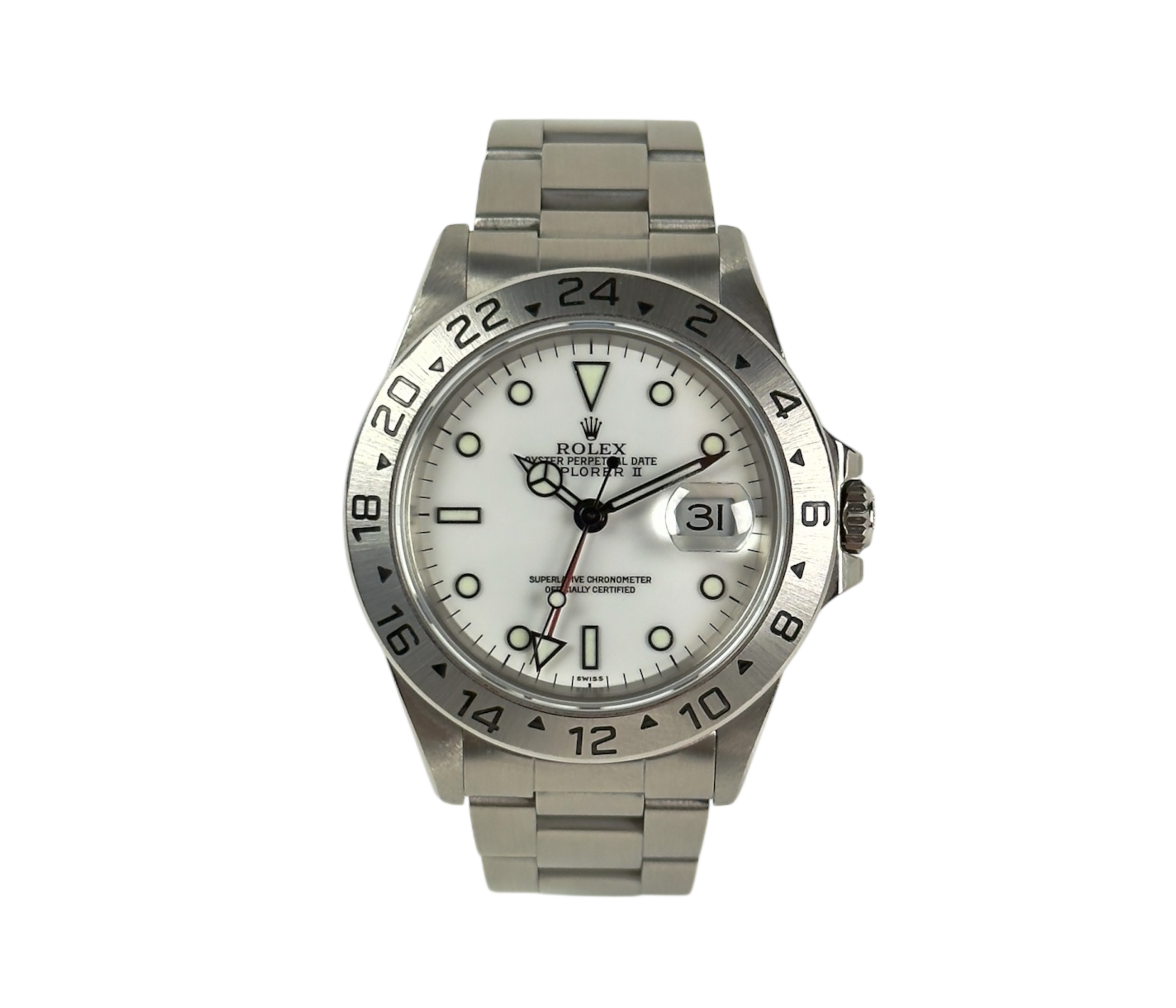 Rolex Explorer II 16570 (1999) med hvid Swiss Only Polar-skive. Uret fremstår i flot stand med nyligt service. Kommer med bokse, certifikat, manualer, servicekort og hangtag.