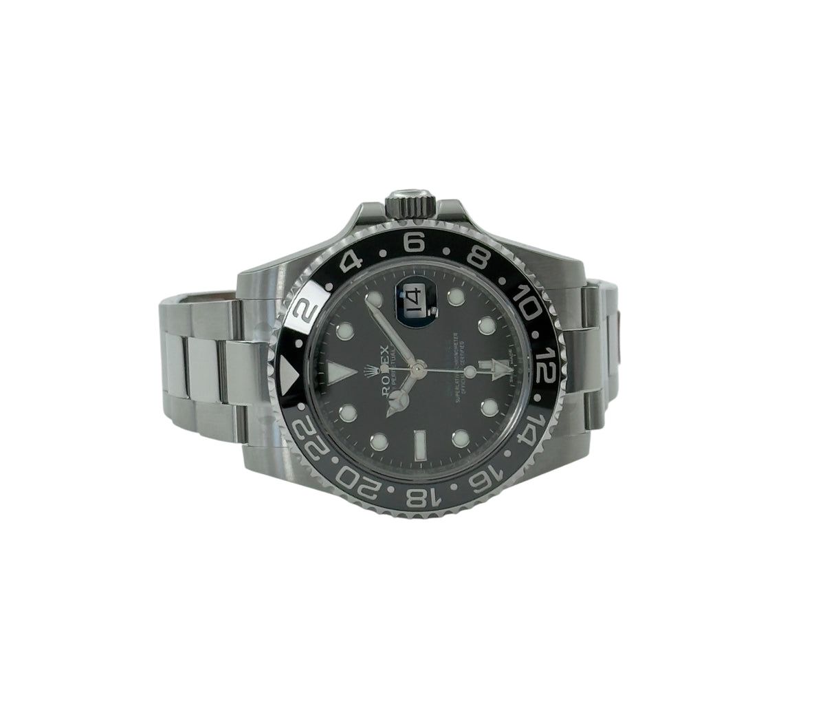 Rolex GMT-Master II 116710LN liggende frontvisning i mint stand med alle stickers og komplet sæt