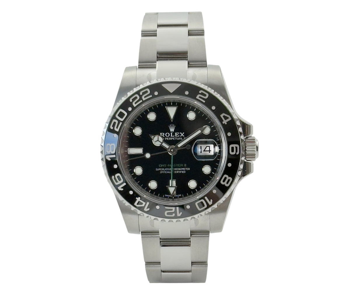 Rolex GMT-Master II 116710LN stående frontvisning i mint stand med alle stickers og komplet sæt
