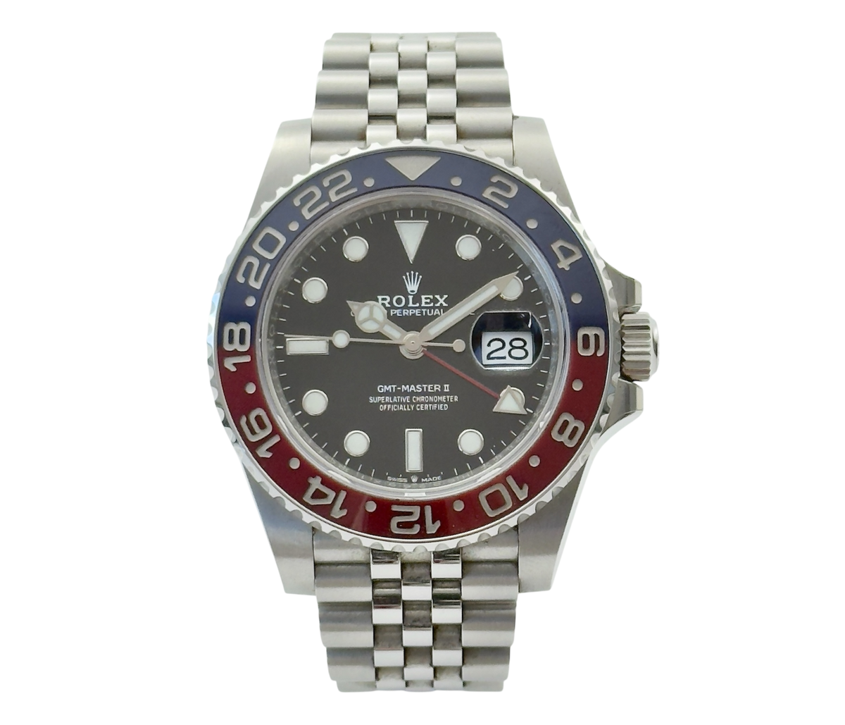 Rolex GMT-Master II 126710BLRO "Pepsi" stående frontvisning komplet sæt i framragende stand