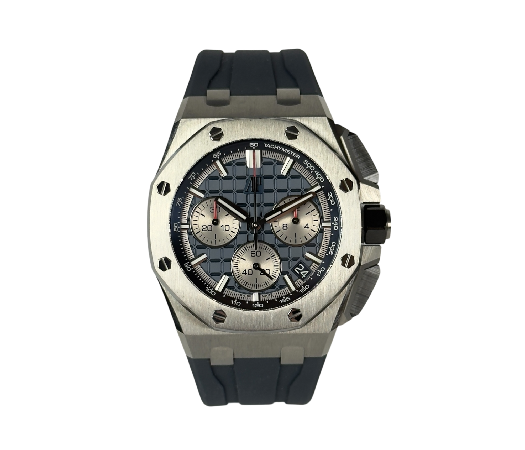 Audemars Piguet Royal Oak Offshore Chronograph 26420TI (2022) i titanium med blå skive. Kronograffunktion med flyback. Uret fremstår i rigtig flot stand med få brugsspor, 9.5/10. Kommer som fuldt sæt.