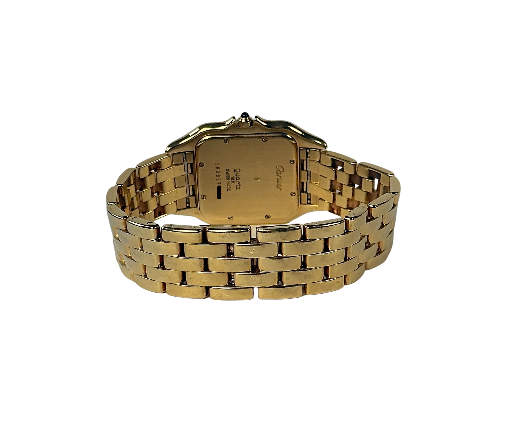 Cartier Panthere 883957 (2003) med kasse og lænke i 18 kt. guld. Uret måler 28mm x 40mm.
Det fremstår i alm. god stand. Kommer med boks, certifikat, manualer, tag og servicekvitteringer.
Uret har fået et basisservice i 2026.