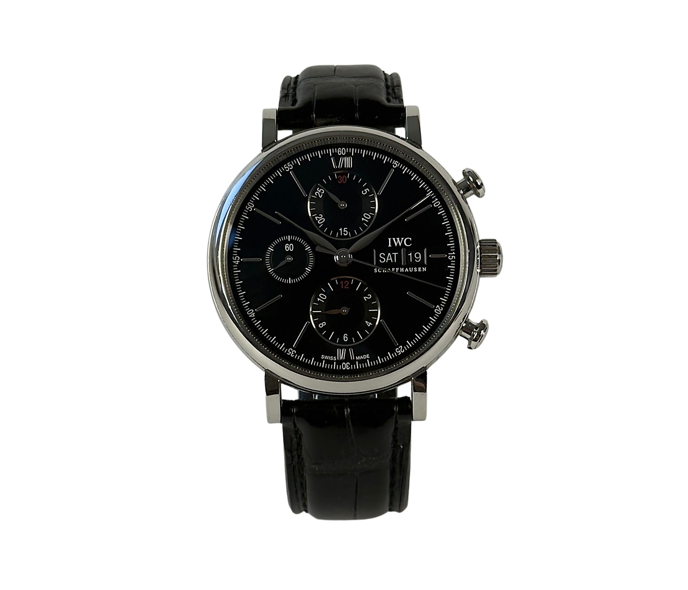 IWC Portofino Chronograph IW391008 (2018) i stål med sort skive samt dag- og dato-funktion. Uret fremstår i flot stand med alm. brugsspor. Kommer med bokse, certifikat og manualer.