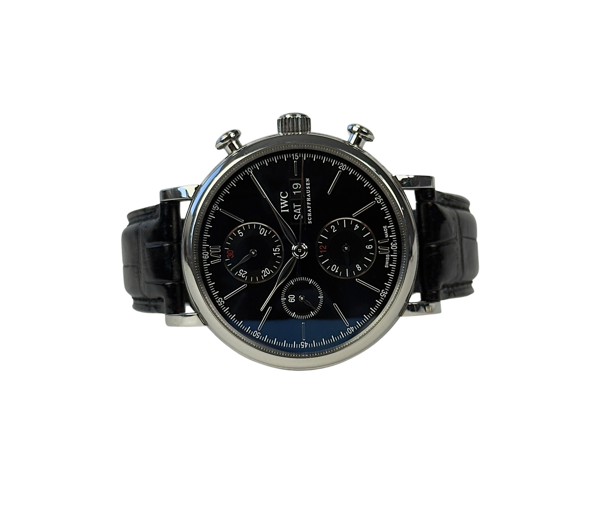 IWC Portofino Chronograph IW391008 (2018) i stål med sort skive samt dag- og dato-funktion. Uret fremstår i flot stand med alm. brugsspor. Kommer med bokse, certifikat og manualer.