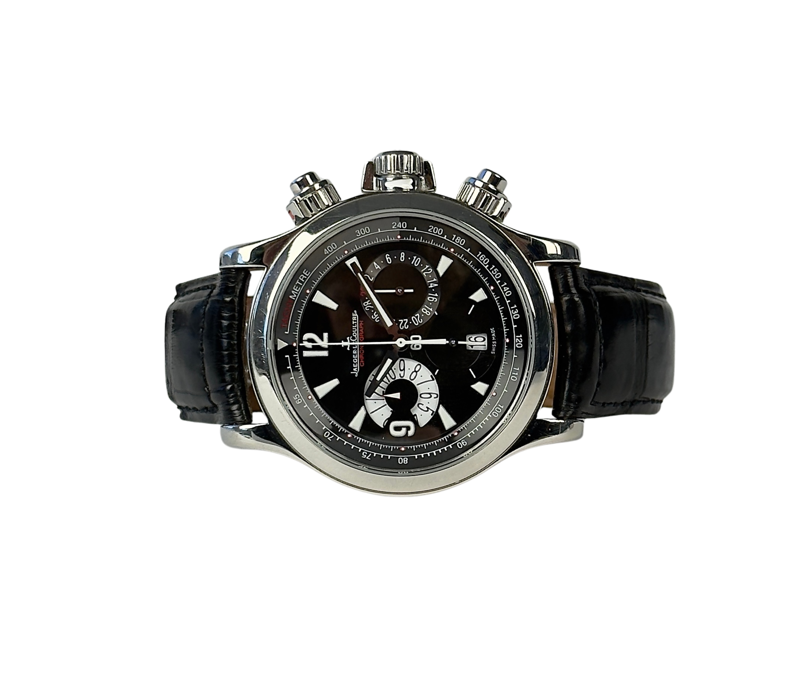 Jaeger LeCoultre Master Compressor Chronograph 1161 (2007) i stål. Uret fremstår i god stand, 8.5/10. Kommer med bokse, certifikat, manual, servicekvittering samt to ekstra originale JLC-remme inkl. JLC-spænder.