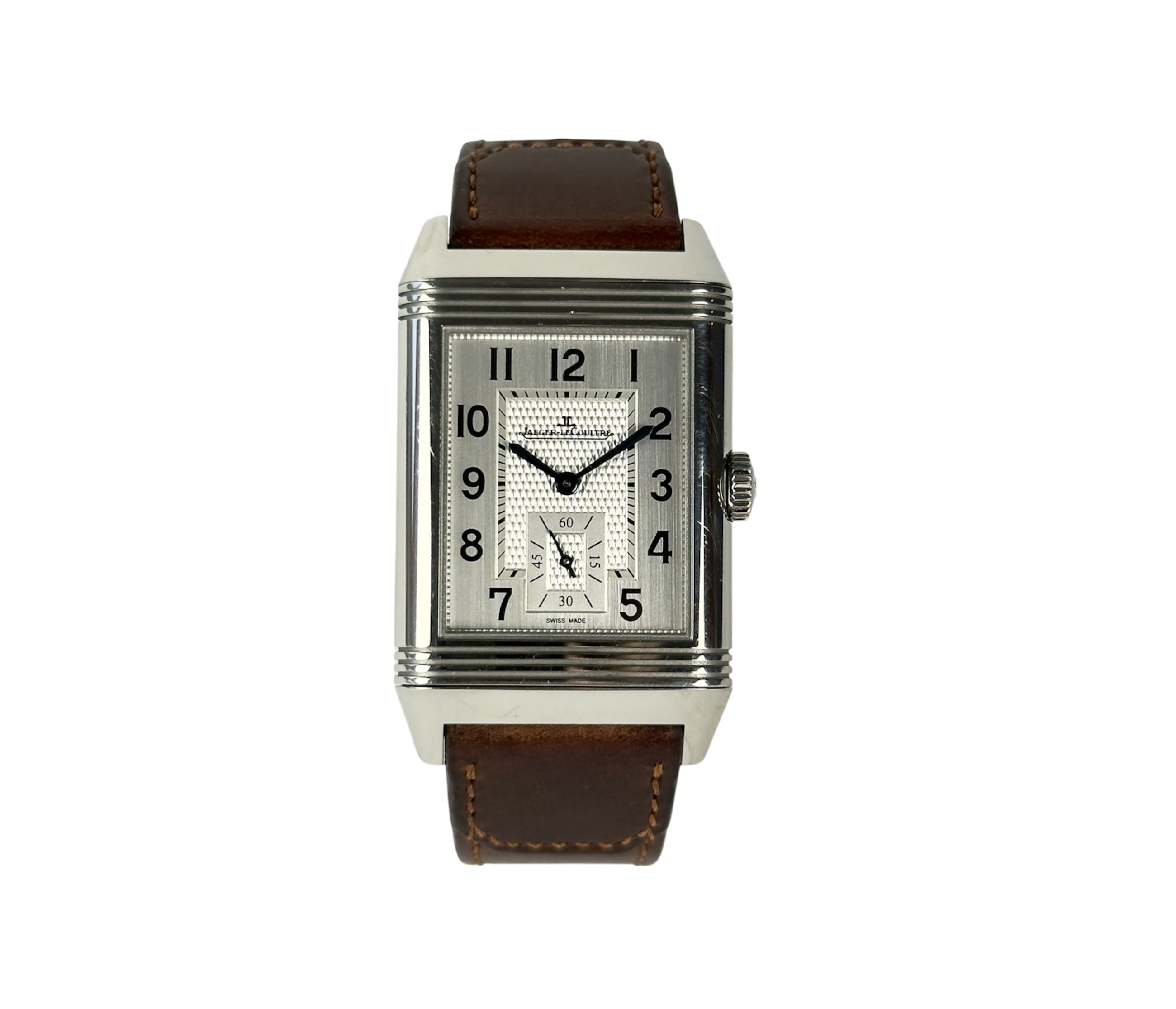Jaeger LeCoultre Reverso Large Duoface Small Second Q3848422 (2022) i stål med to skiver til to tidszoner medClous de Paris guilloché.Uret fremstår i god stand med brugsspor. Kommer med bokse, certifikat, manualer.