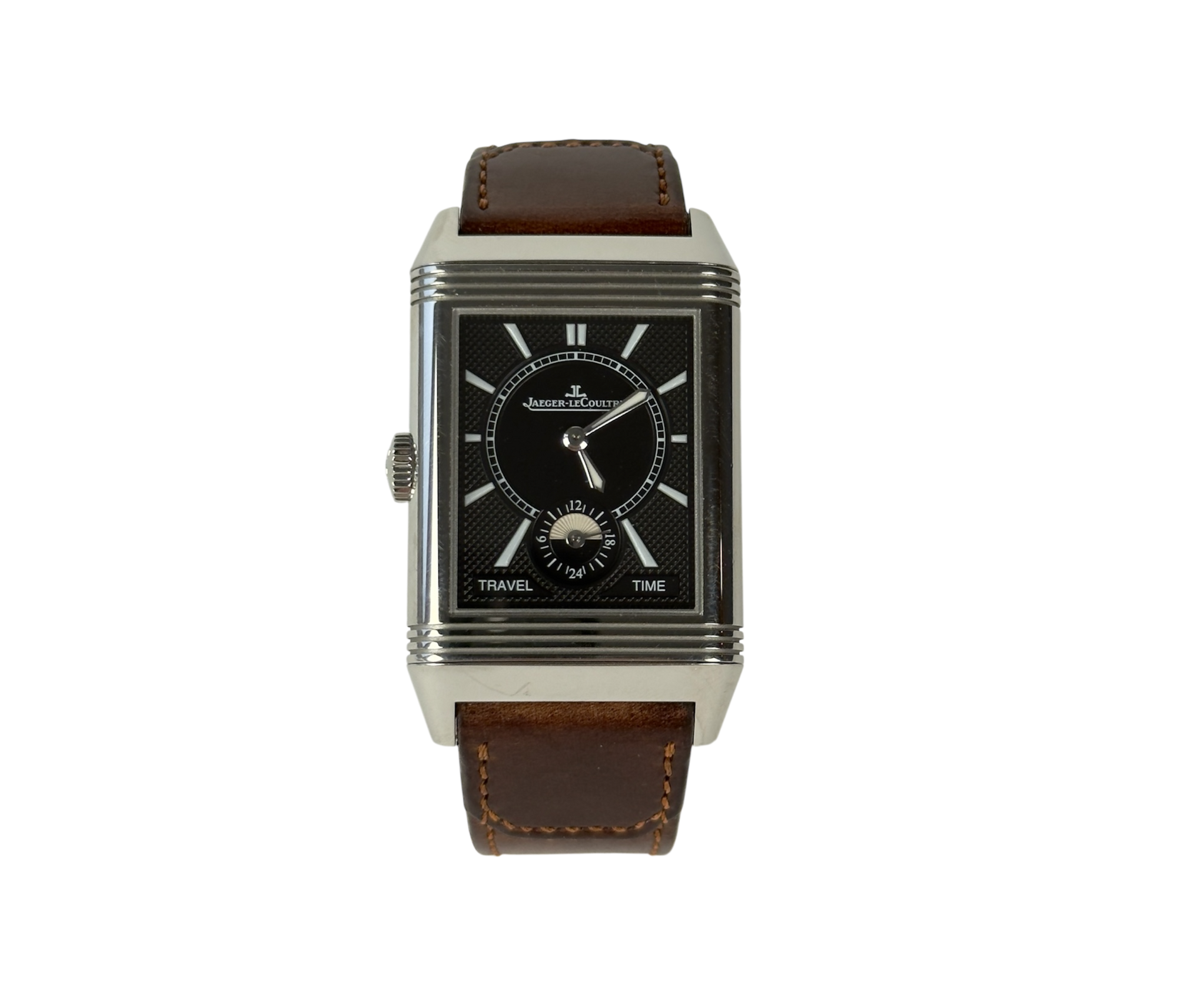Jaeger LeCoultre Reverso Large Duoface Small Second Q3848422 (2022) i stål med to skiver til to tidszoner medClous de Paris guilloché.Uret fremstår i god stand med brugsspor. Kommer med bokse, certifikat, manualer.
