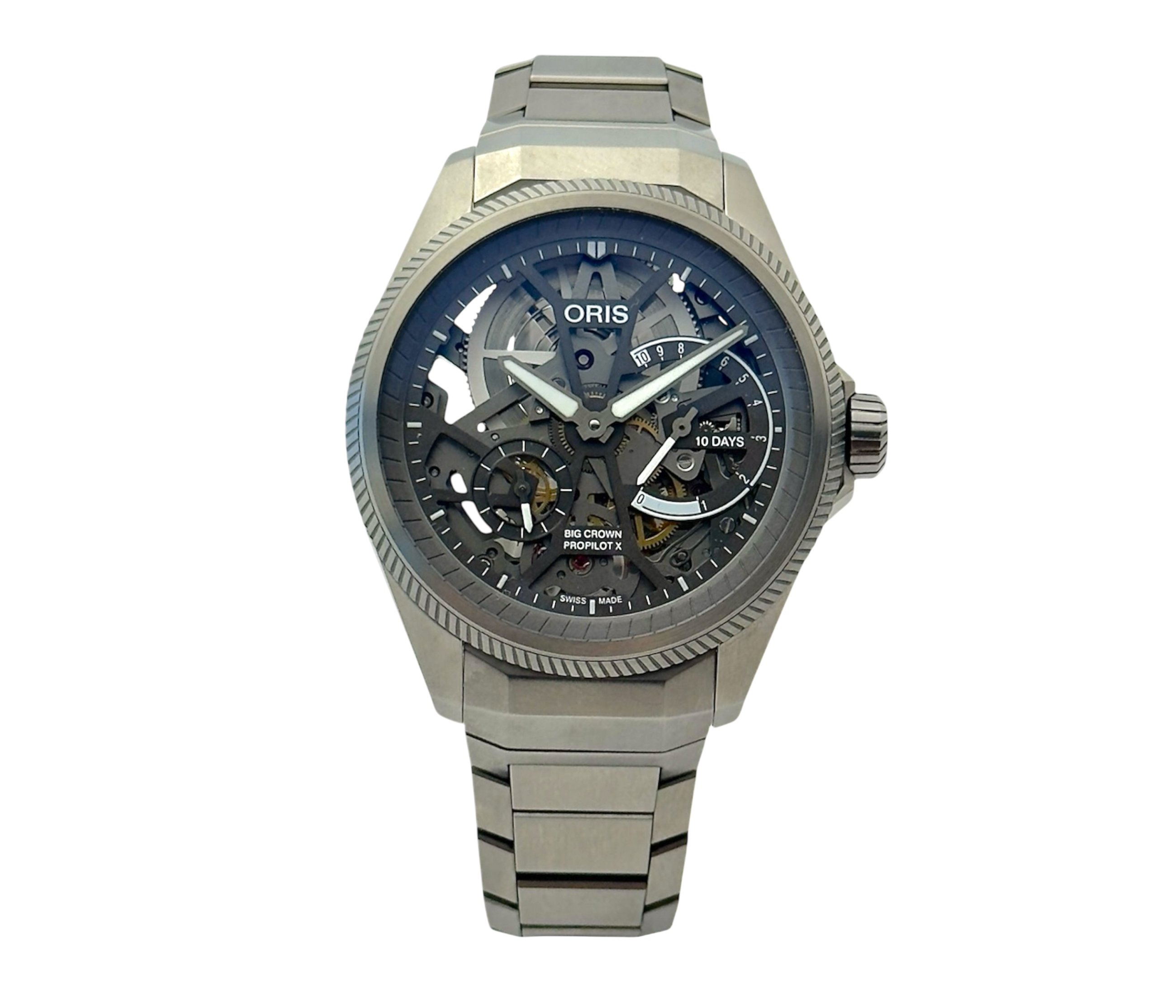 Oris Propilot X Skeleton 01 115 7759 7153 i titanium stående frontvisning i ny stand fuldt sæt