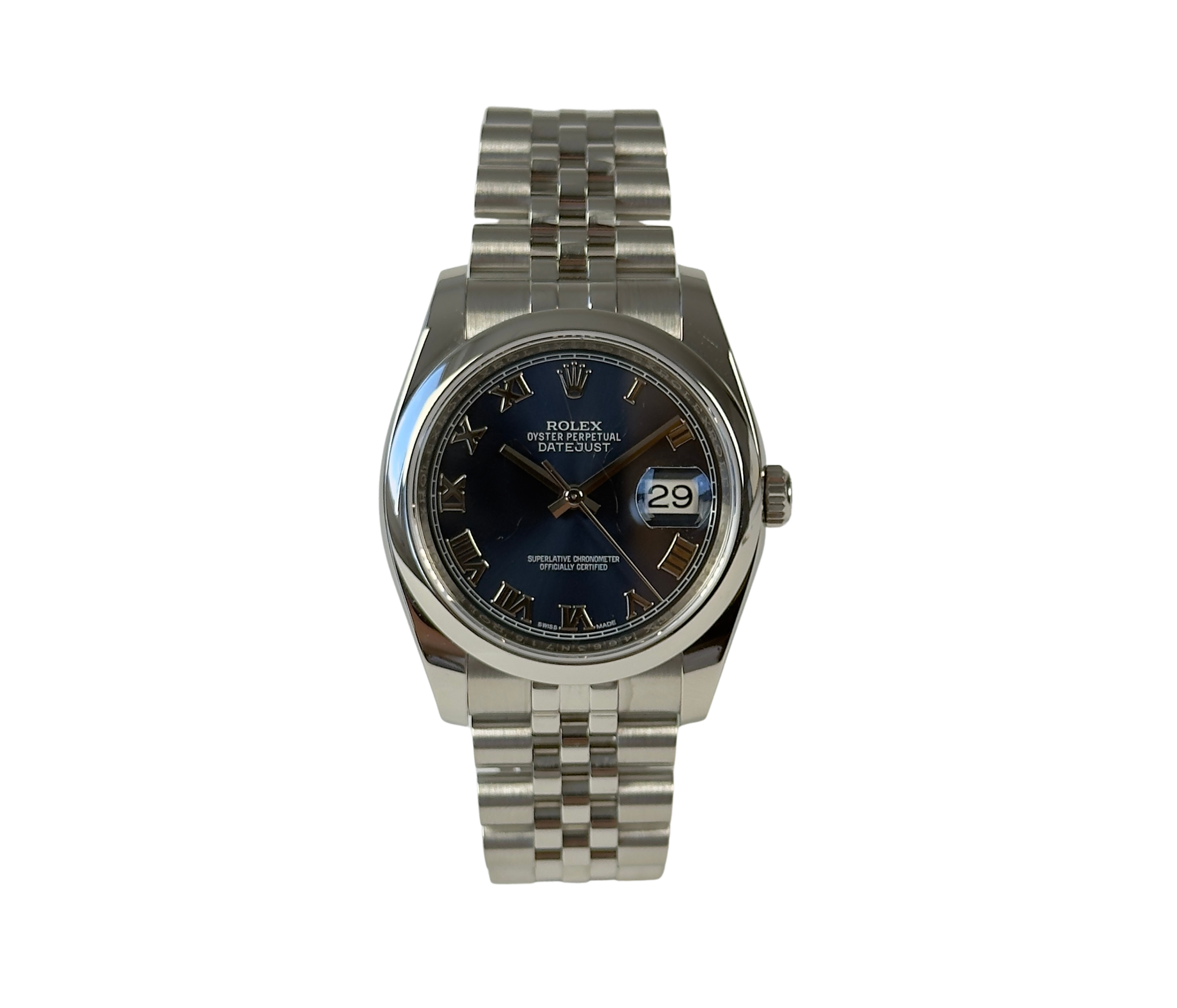 Rolex Datejust 116200 (2018) på jubilee-lænke og smooth krans med blå skive med romertal. Uret fremstår i rigtig flot stand, 9/19. Kommer som fuldt sæt:  boks, certifikat, manualer, kortholder og hangtag.