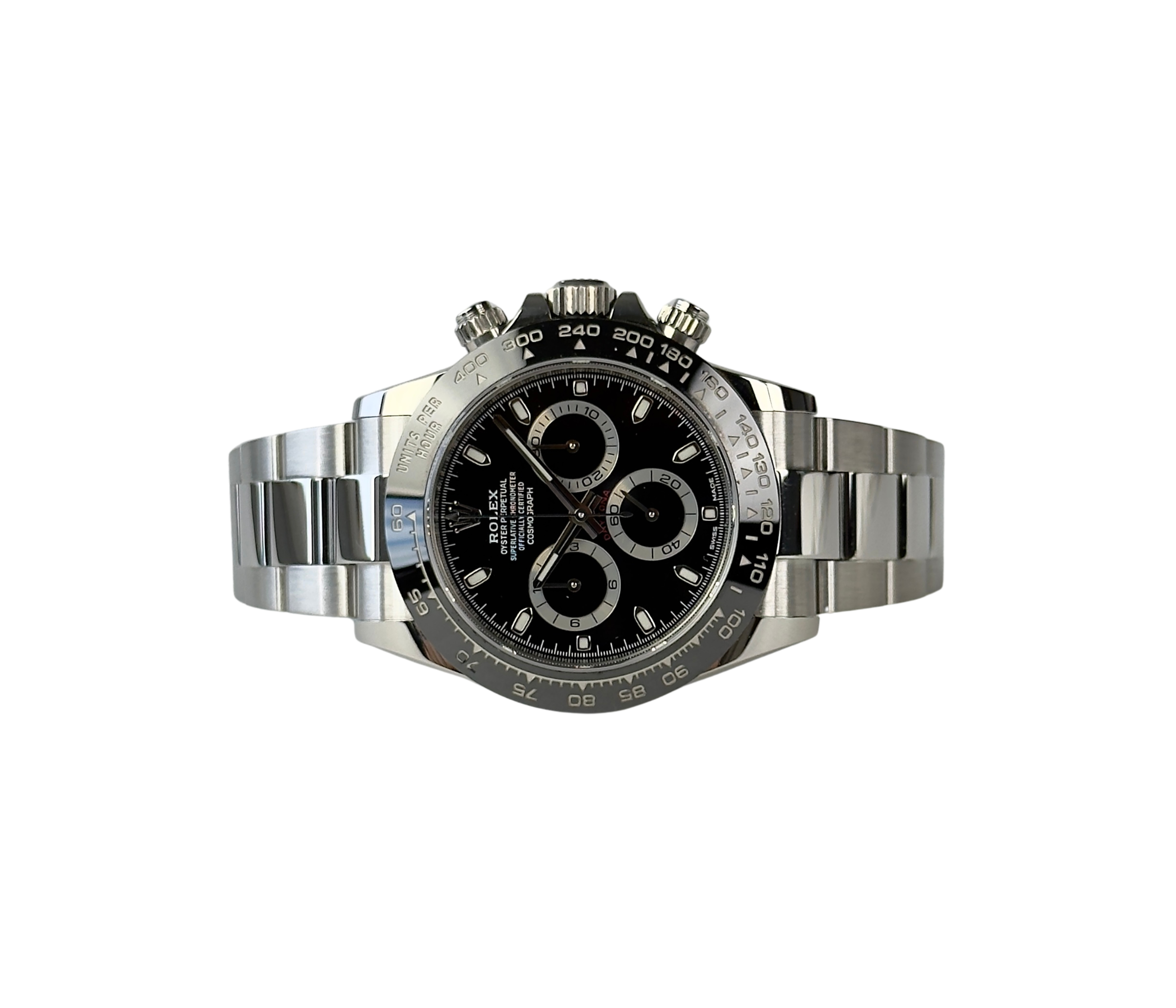 Rolex Daytona 116500LN (2018) med sort skive. Uret fremstår i utrolig flot stand, 9.5/10, med få brugsspor. Kommer som fuldt sæt: bokse, certifikat, manualer, hangtag og whitetag. 
