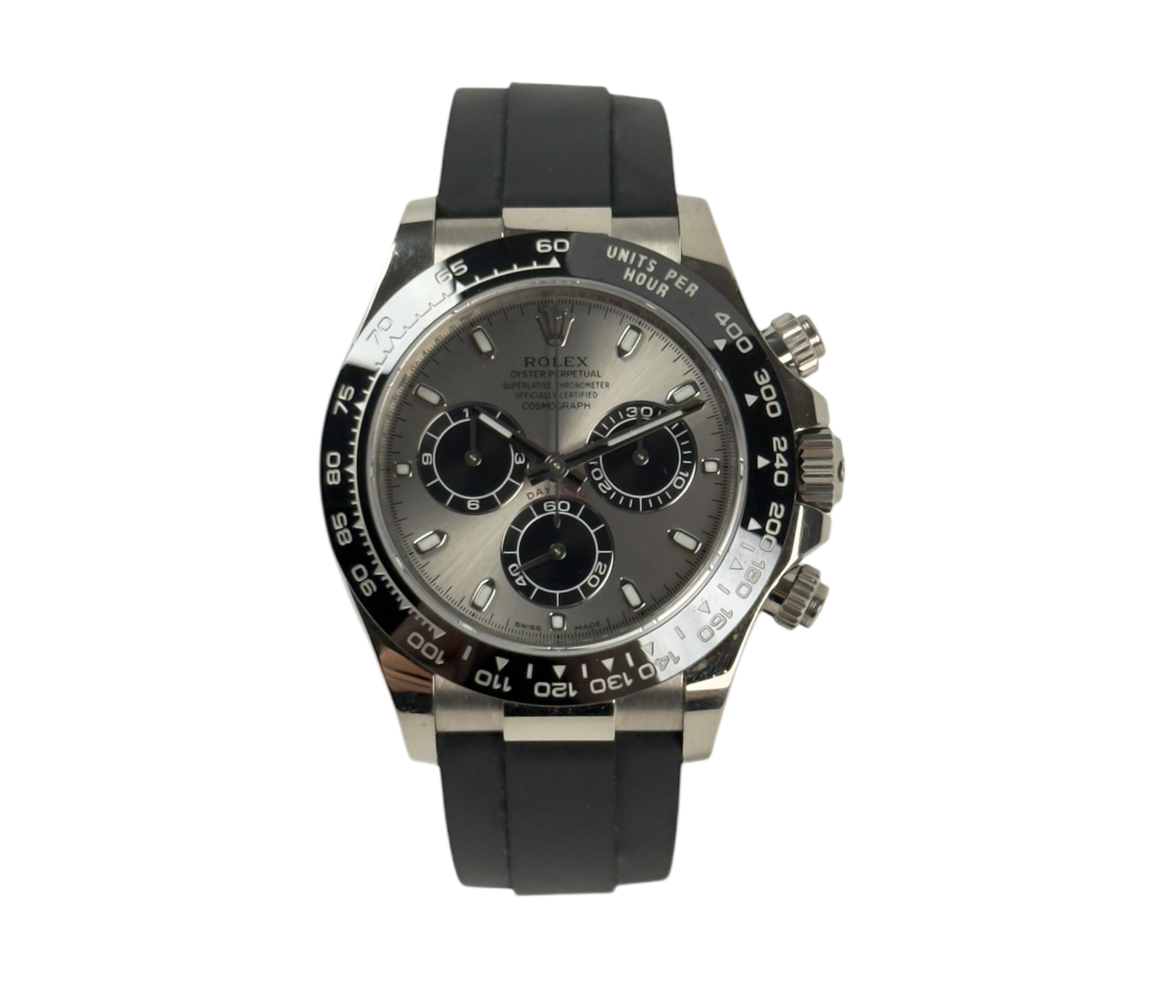 Rolex Daytona 116519LN "Ghost" (2017) på Oysterflex-rem. Uret er i god stand med alm. brugsspor. Kommer som fuldt sæt: Bokse, omslag, certifikat, manualer samt hangtag og whitetag. 