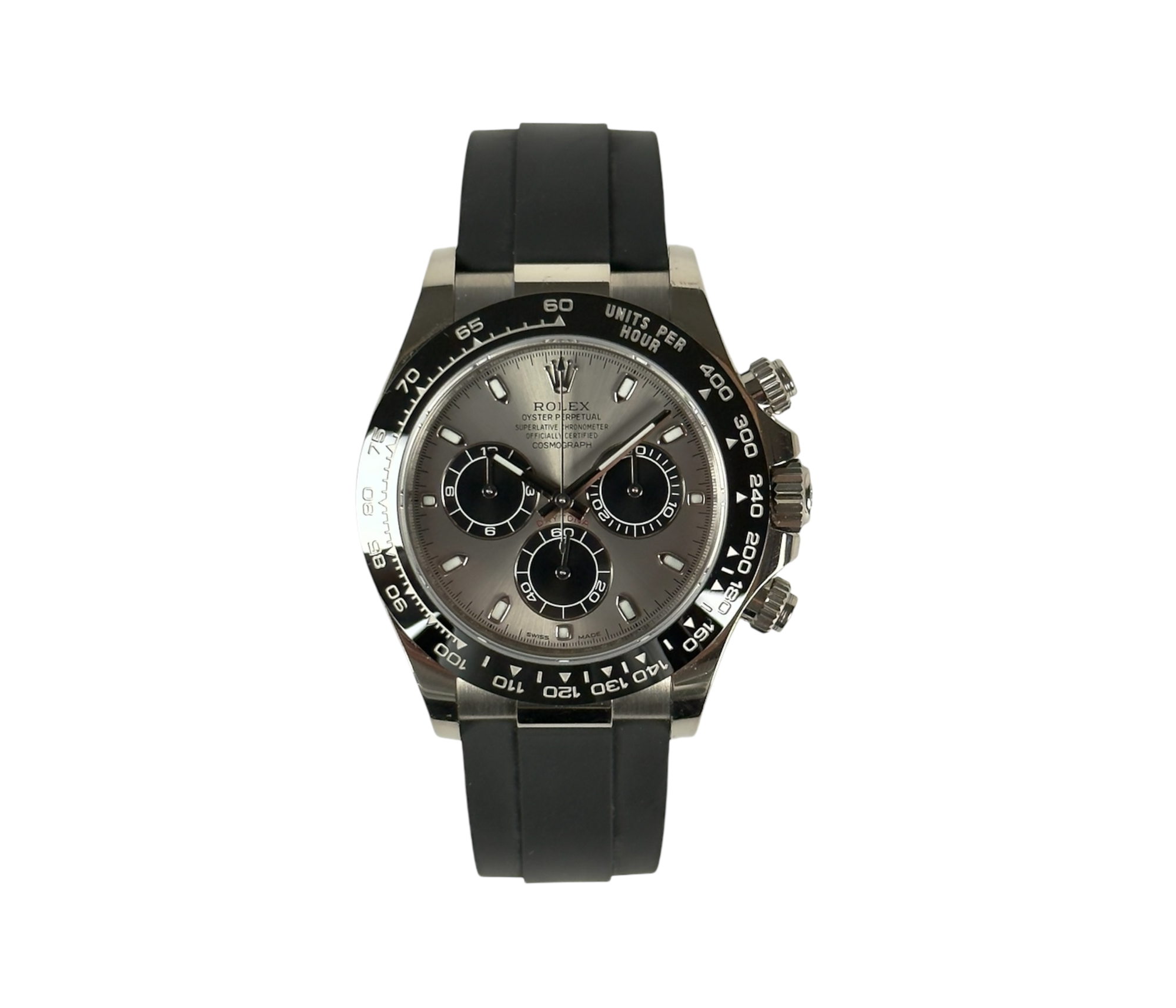 Rolex Daytona 116519LN "Ghost" (2017) på Oysterflex-rem. Uret er i god stand med alm. brugsspor. Kommer som fuldt sæt: Bokse, omslag, certifikat, manualer samt hangtag og whitetag. 