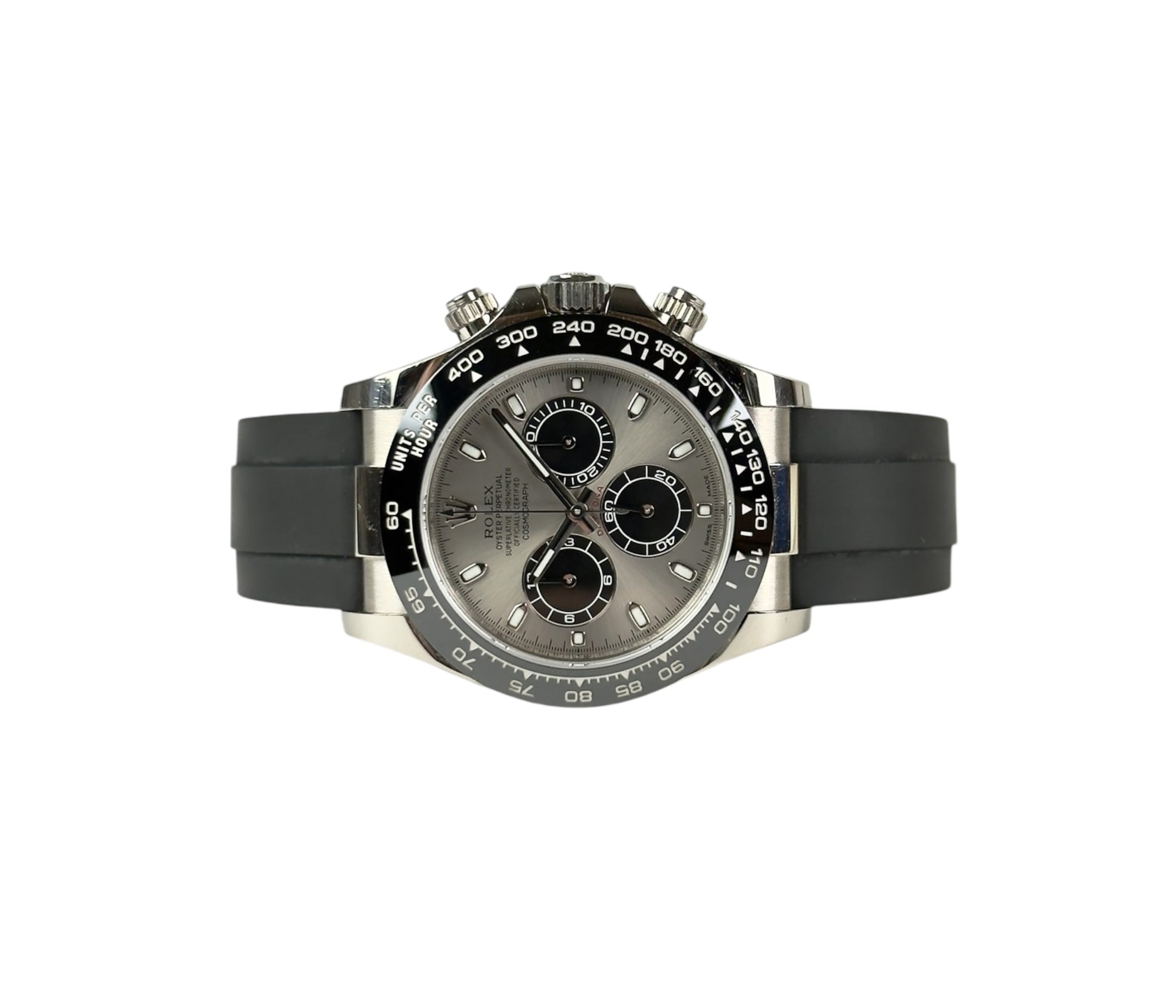 Rolex Daytona 116519LN "Ghost" (2017) på Oysterflex-rem. Uret er i god stand med alm. brugsspor. Kommer som fuldt sæt: Bokse, omslag, certifikat, manualer samt hangtag og whitetag. 