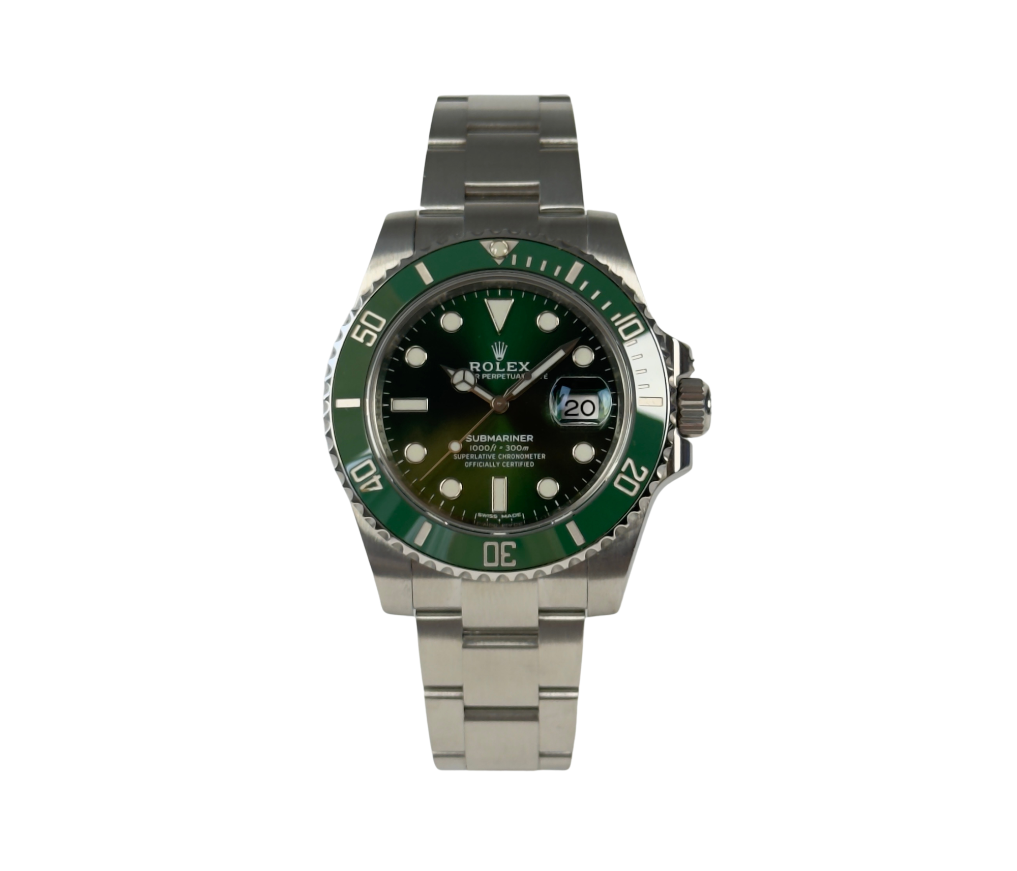 Rolex Submariner 116610LV "Hulk" (2017) i stål med grøn skive og lynette. Uret fremstår i flot stand, 9/10. Kommer som fuldt sæt: Bokse, omslag, certifikat, manual, kortholder og whitetag. 