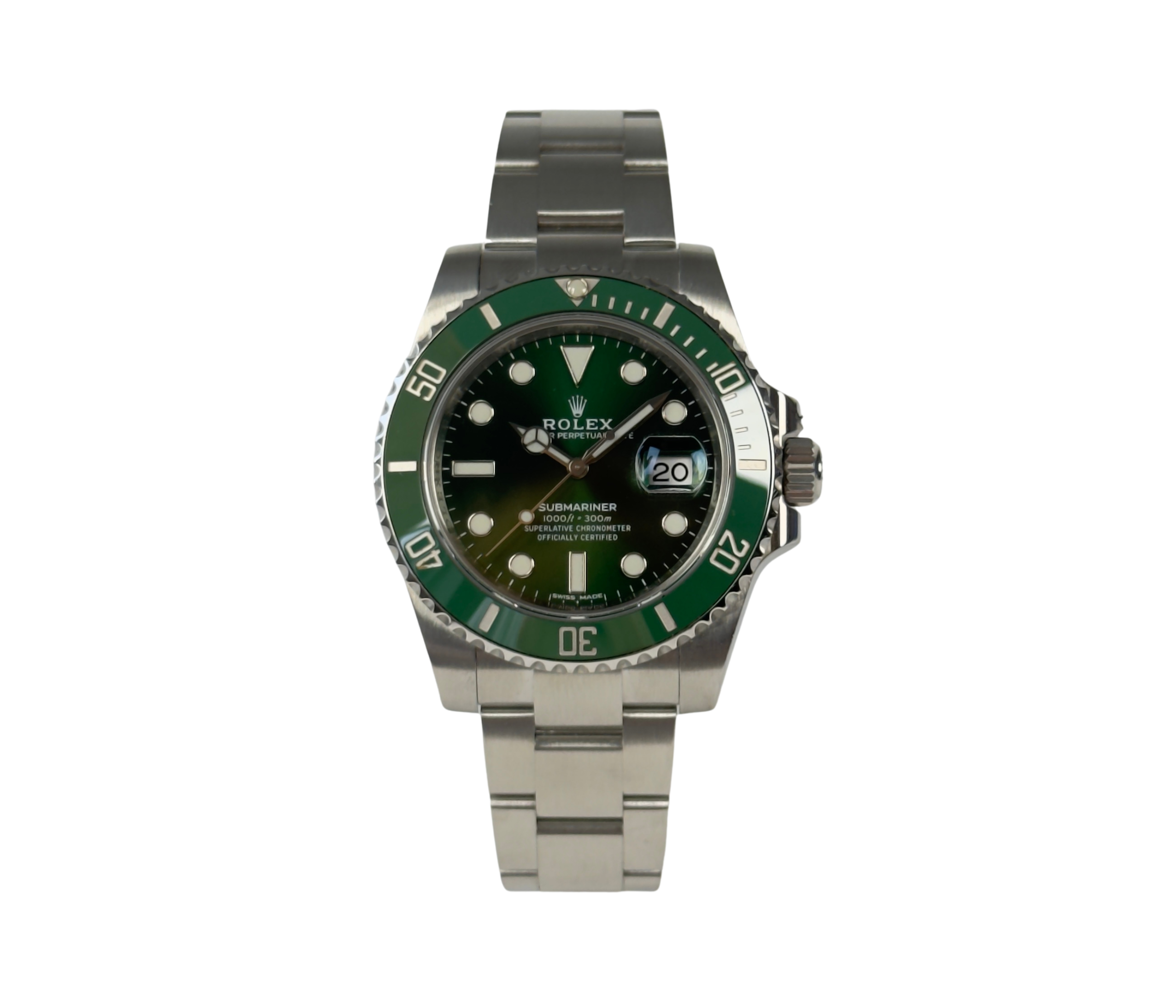 Rolex Submariner 116610LV "Hulk" (2017) i stål med grøn skive og lynette. Uret fremstår i flot stand, 9/10. Kommer som fuldt sæt: Bokse, omslag, certifikat, manual, kortholder og whitetag. 