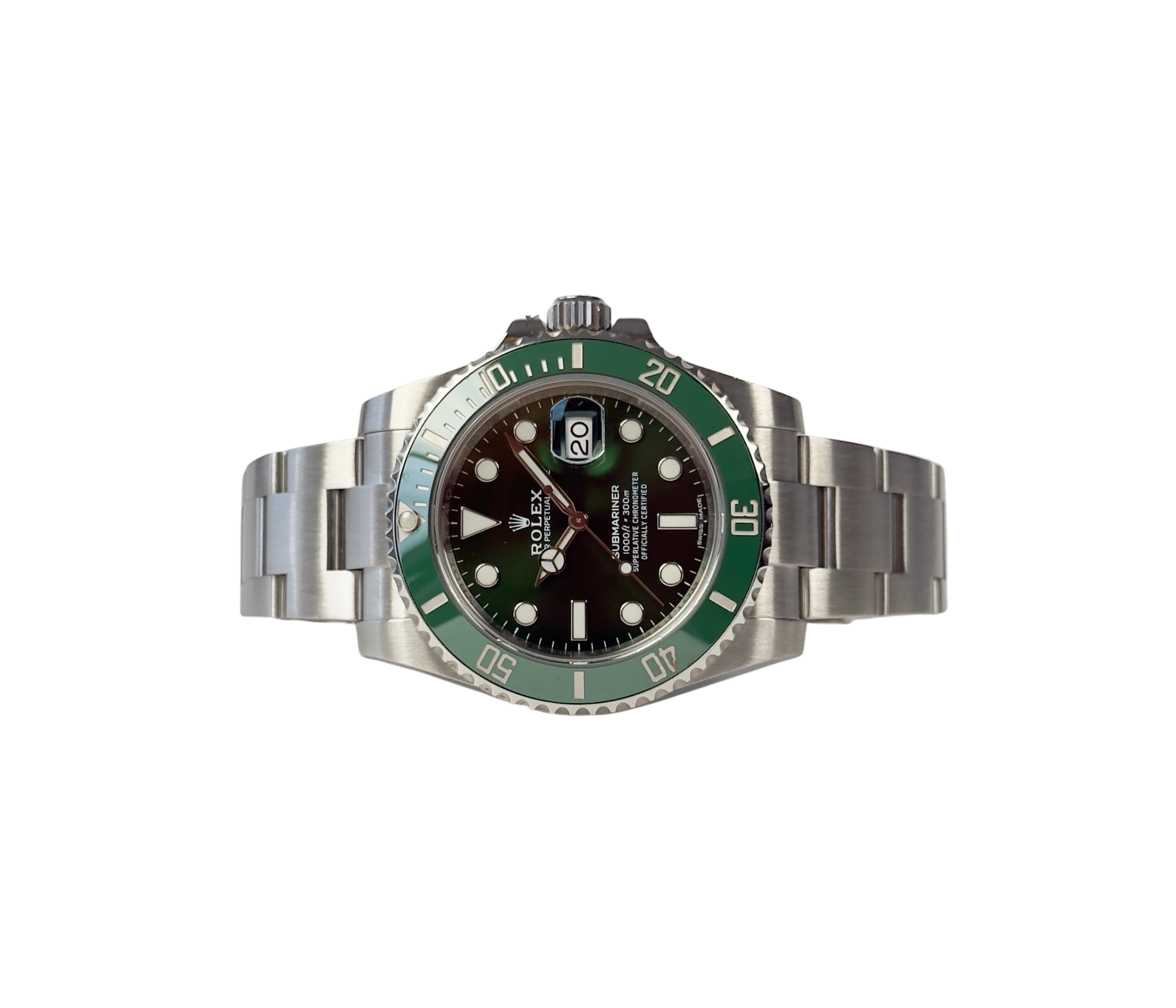 Rolex Submariner 116610LV "Hulk" (2017) i stål med grøn skive og lynette. Uret fremstår i flot stand, 9/10. Kommer som fuldt sæt: Bokse, omslag, certifikat, manual, kortholder og whitetag. 