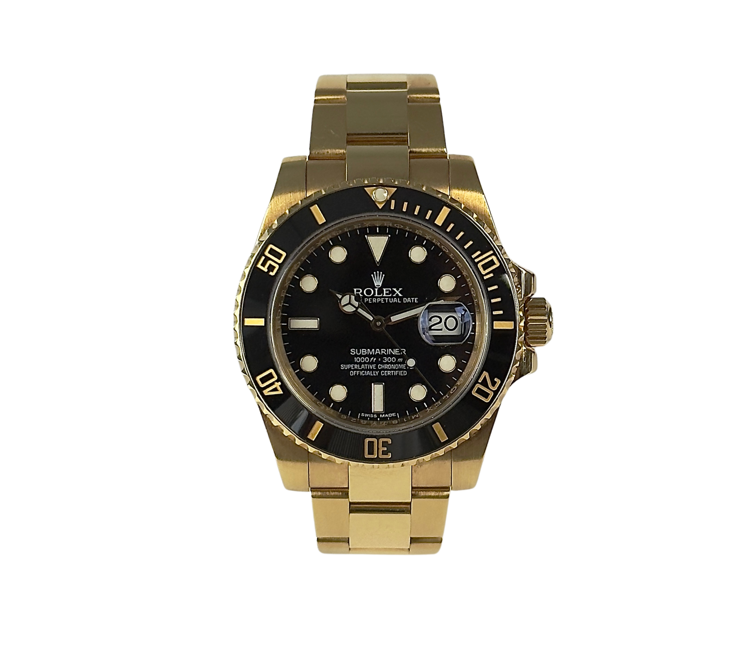 Rolex Submariner 116618LN (2014) i 18 kt. guld. Uret fremstår i god stand, 8/10, og trænger ikke til service. Kommer som fuldt sæt: Bokse, certifikat, manualer, hangtag og whitetag.