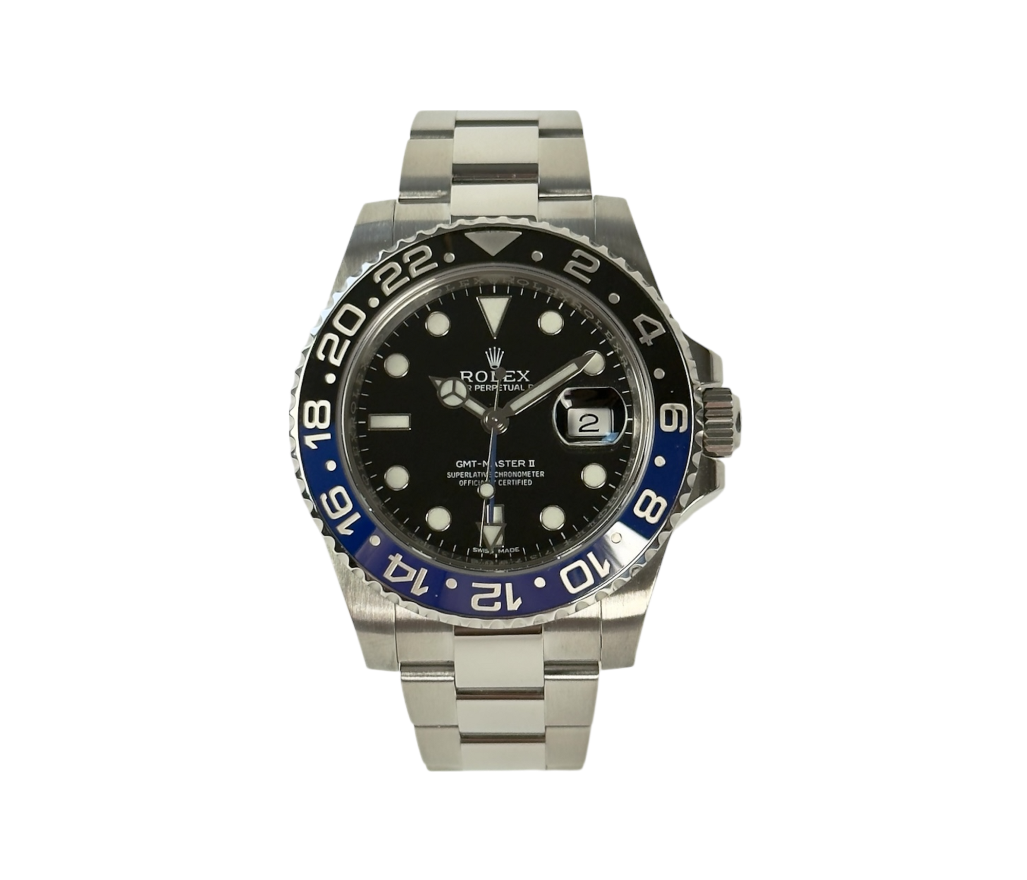 Rolex GMT-Master II 116710BLNR (2013) i stål med blå/sort keramisk drejekrans. Uret fremstår i flot stand med få brugsspor, 9/10. Kommer som fuldt sæt: Bokse, certifikat mv.