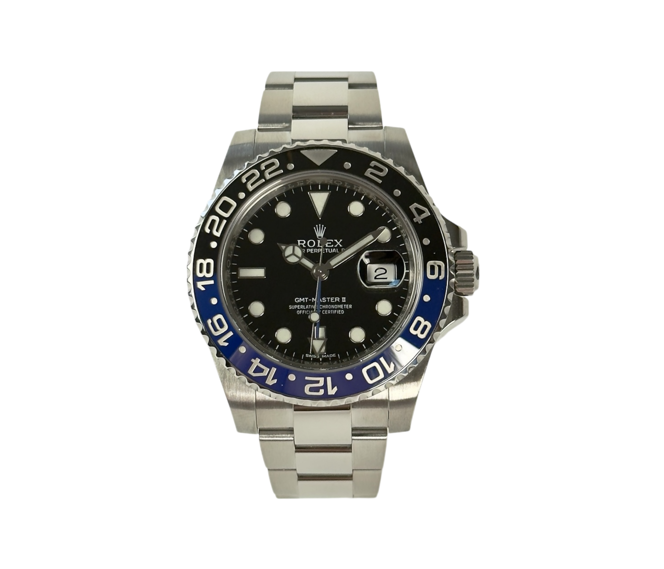 Rolex GMT-Master II 116710BLNR (2013) i stål med blå/sort keramisk drejekrans. Uret fremstår i flot stand med få brugsspor, 9/10. Kommer som fuldt sæt: Bokse, certifikat mv.