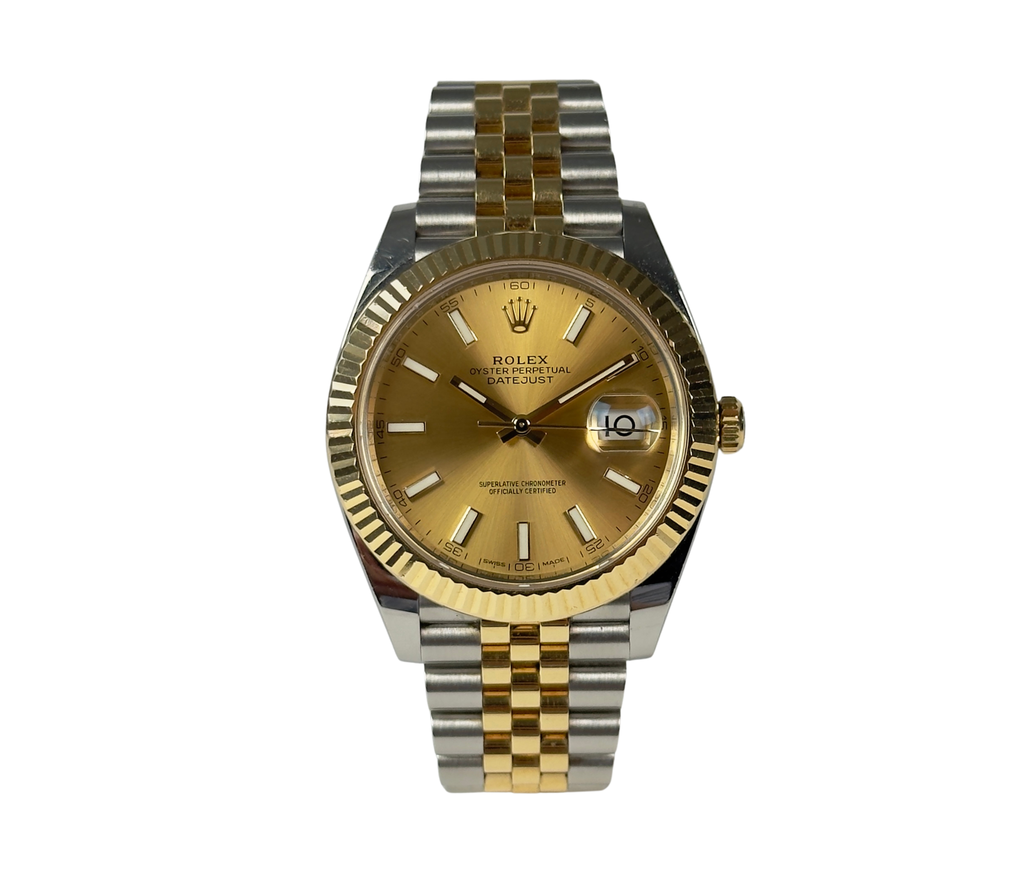 Rolex Datejust 126333 (2018) i 18kt. guld og stål. Uret måler 41 mm og er monteret på en two-tone Jubilee-lænke med riftet/fluted krans i guld og champagneskive. Uret fremstår i alm. stand med brugsspor som let kan poleres, 8/10. Kommer med boks, certifikat, manual og kortholder. 