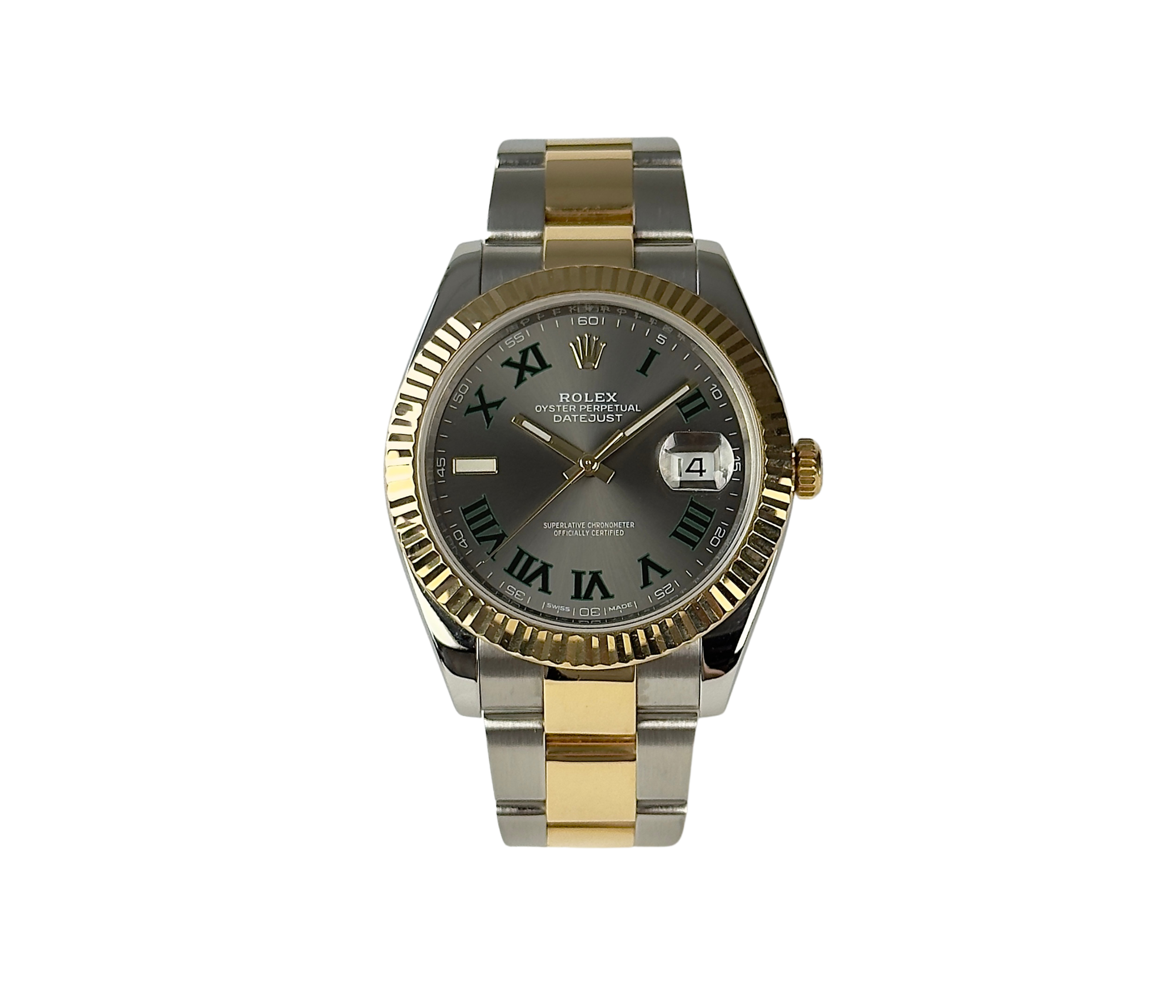 Rolex Datejust 126333 Wimbledon (2010'erne) med riflet krans og Oysterlænke i guld/stål. Uret fremstår i flot stand, 9/10. Kommer med bokse, manualer.