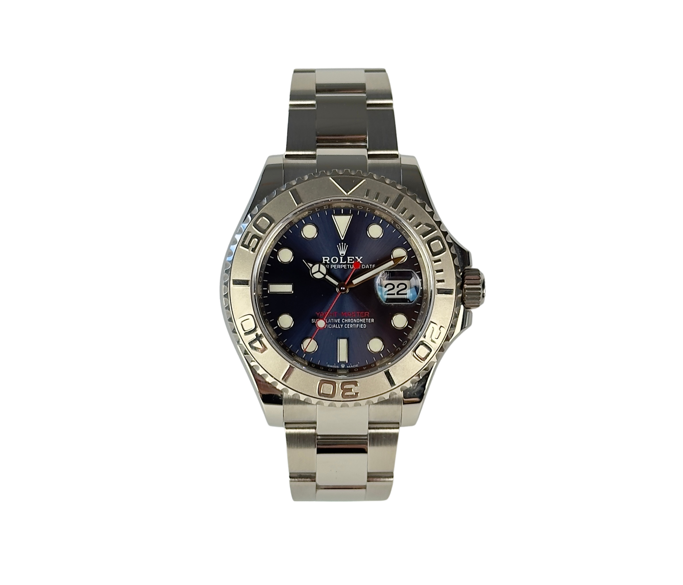 Rolex Yacht-Master 126622 (2020) i stål med krans af platin og blå skive. Uret fremstår i virkelig flot stand uden brugsspor, 9.9/10, med få brugsspor. Kommer som fuldt sæt: Bokse, certifikat, manualer, hangtag og whitetag.