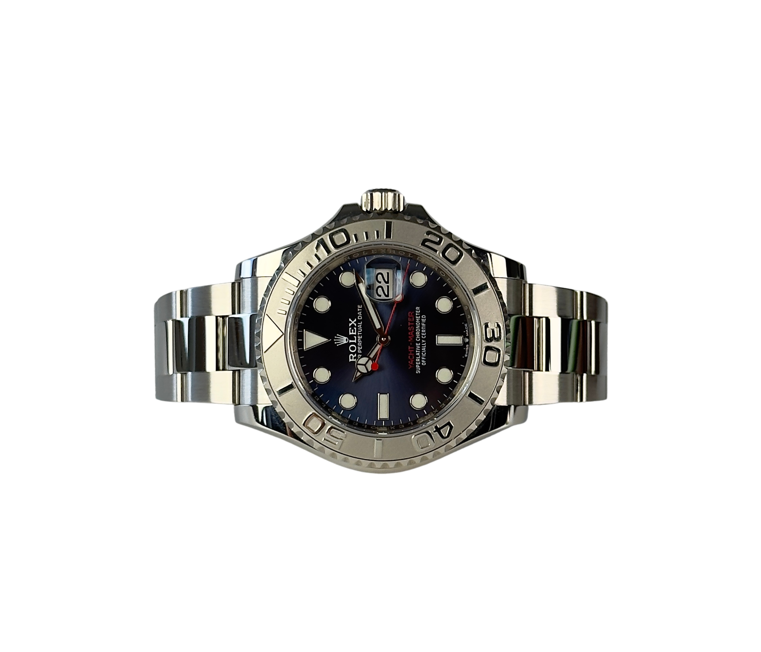 Rolex Yacht-Master 126622 (2020) i stål med krans af platin og blå skive. Uret fremstår i virkelig flot stand uden brugsspor, 9.9/10, med få brugsspor. Kommer som fuldt sæt: Bokse, certifikat, manualer, hangtag og whitetag.