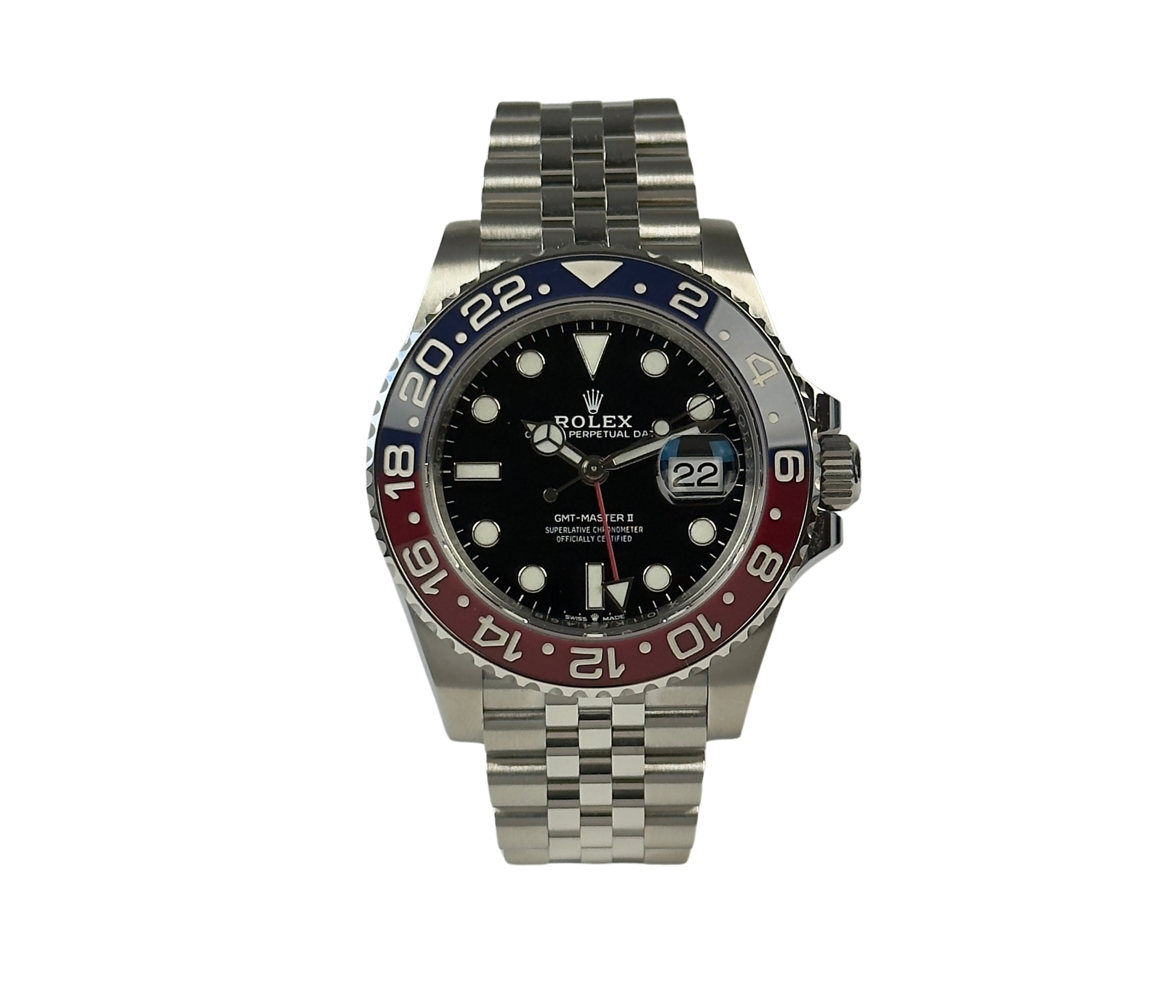 Rolex GMT-Master II 126710BLRO "pepsi" (2022) i stål på Jubilee-lænke med rød/sort GMT-drejekrans. Uret fremstår i utrolig flot stand med få håndteringsspor, 9.5/10. Kommer som fuldt sæt: Bokse, certifikat, manualer, kortholder og hangtag. Uret er omfattet af Rolex World Wide Garanti til april 2027.
