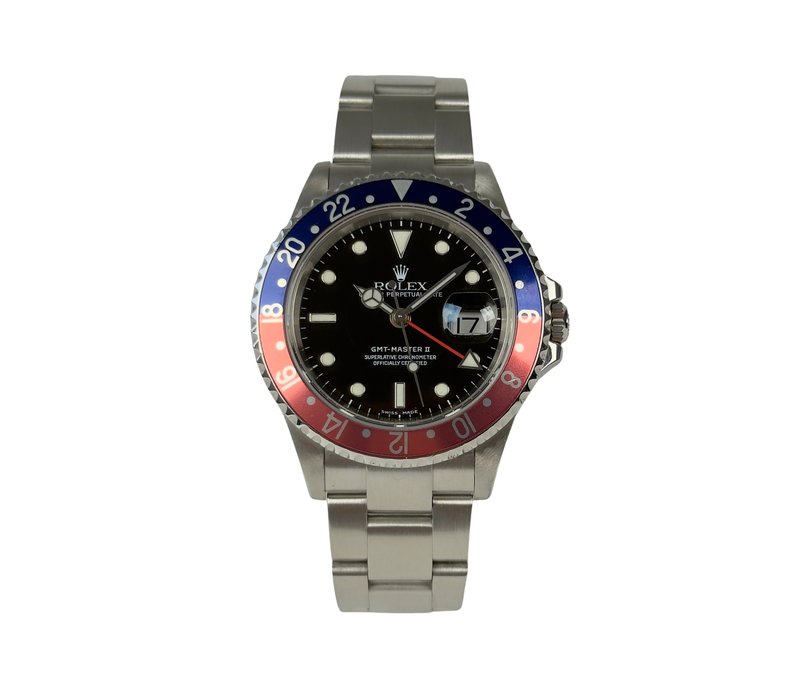 Rolex GMT-Master 16710 med pepsi-insert (2006). Uret fremstår i rigtig flot stand, 9/10. Kommer med bokse, servicebevis, tidligere købsbevis, manualer/booklets, holder og bezelbeskytter. 