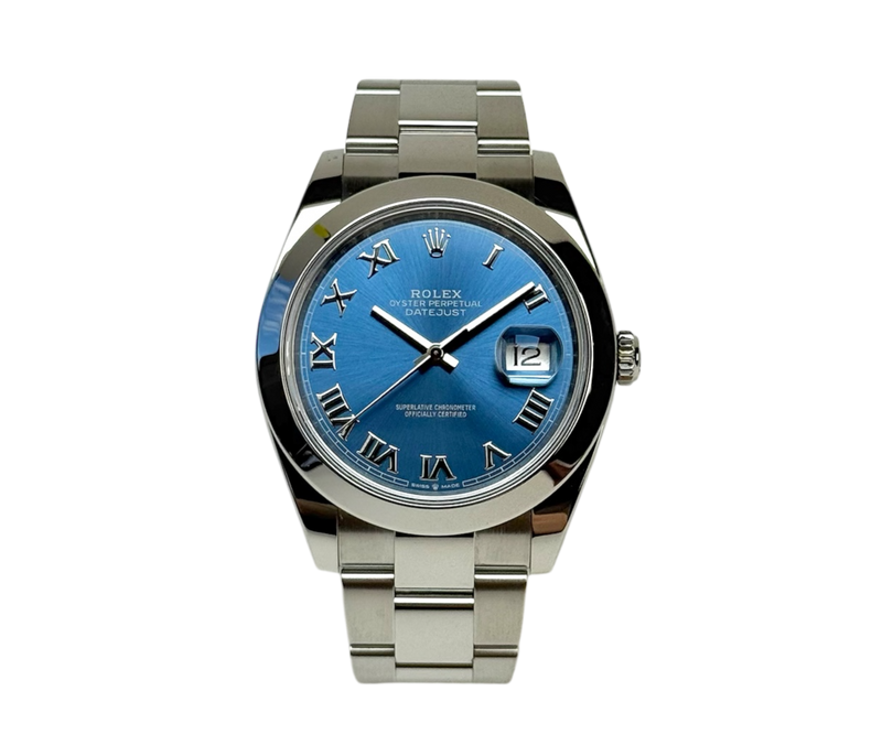 Rolex Datejust 126300 blue roman dial i rigtig god stand. Fuldt sæt.