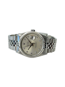 Rolex Datejust 16234 med diamantskive liggende frontvisning i rigtig god stand med boks og certifikat