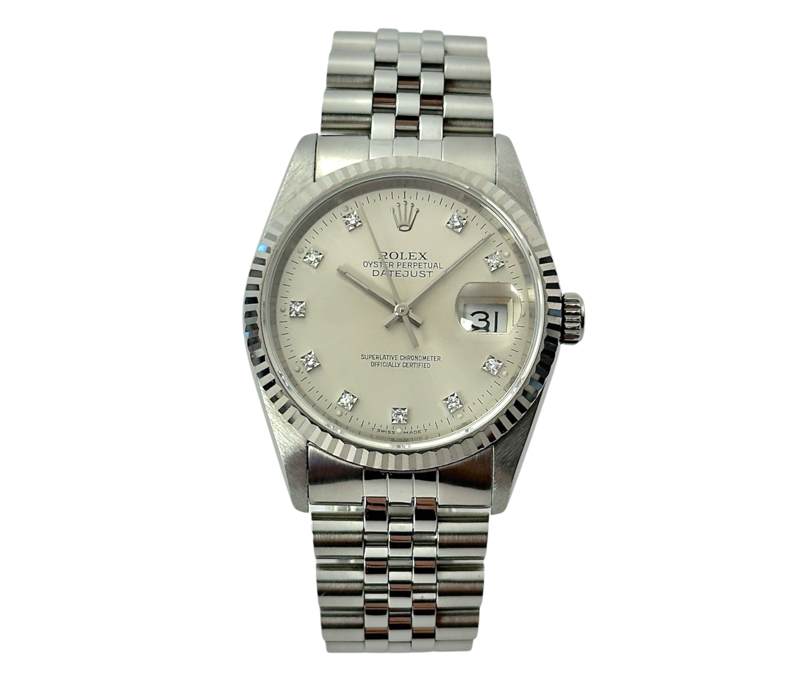 Rolex Datejust 16234 med diamantskive stående frontvisning i rigtig god stand med boks og certifikat