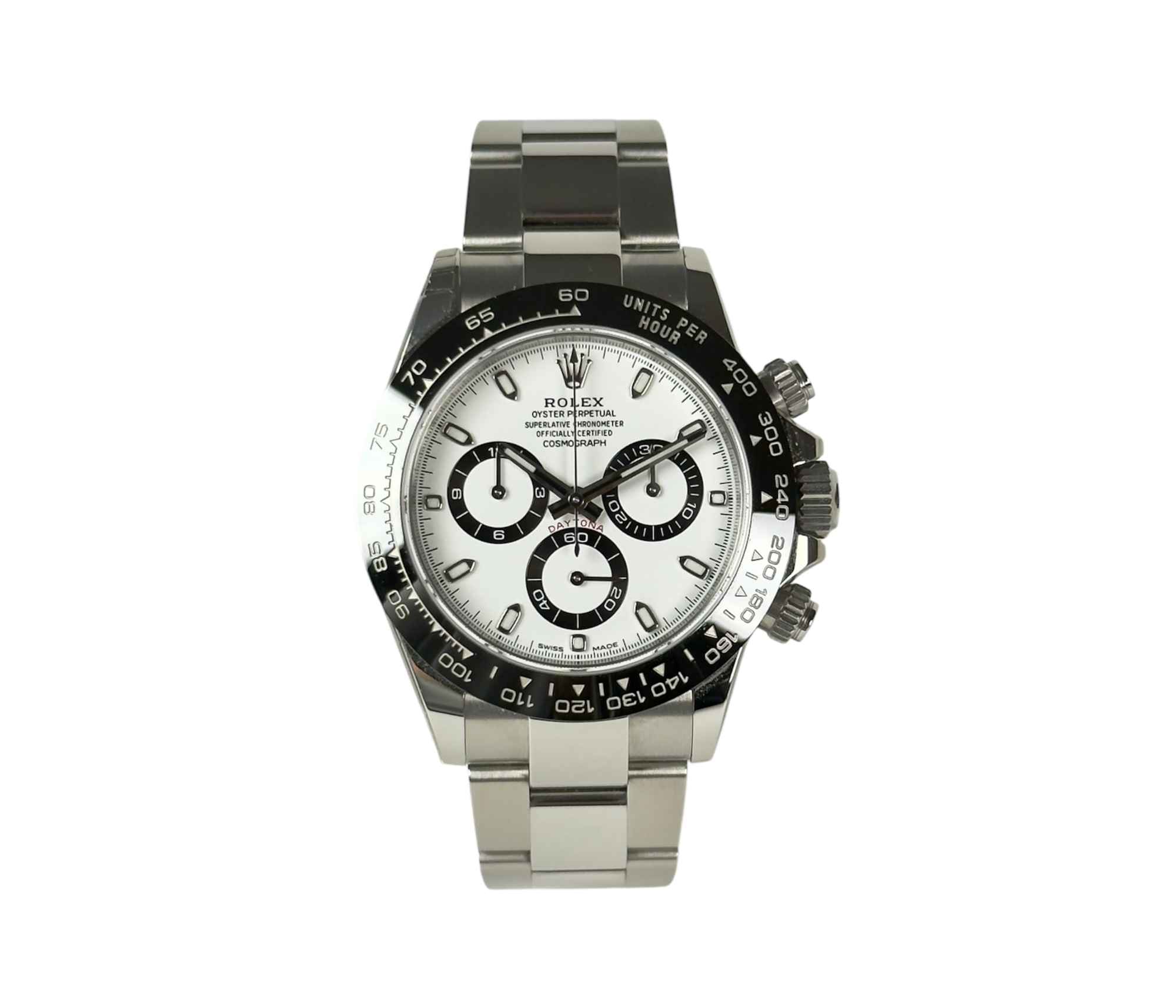 Rolex Daytona 116500LN stående frontvisning med hvid skive i mint stand komplet sæt.