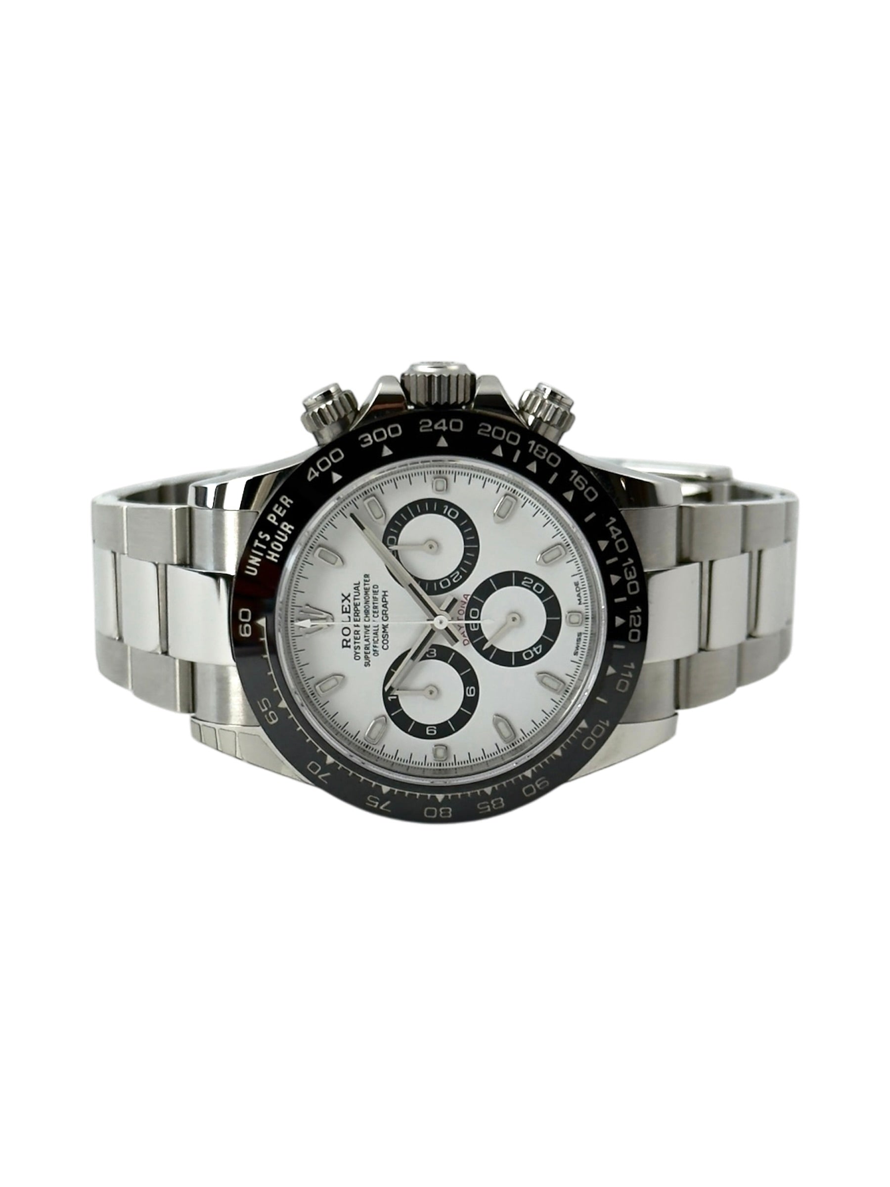 Rolex Daytona 116500LN liggende frontvisning med hvid skive i mint stand komplet sæt.