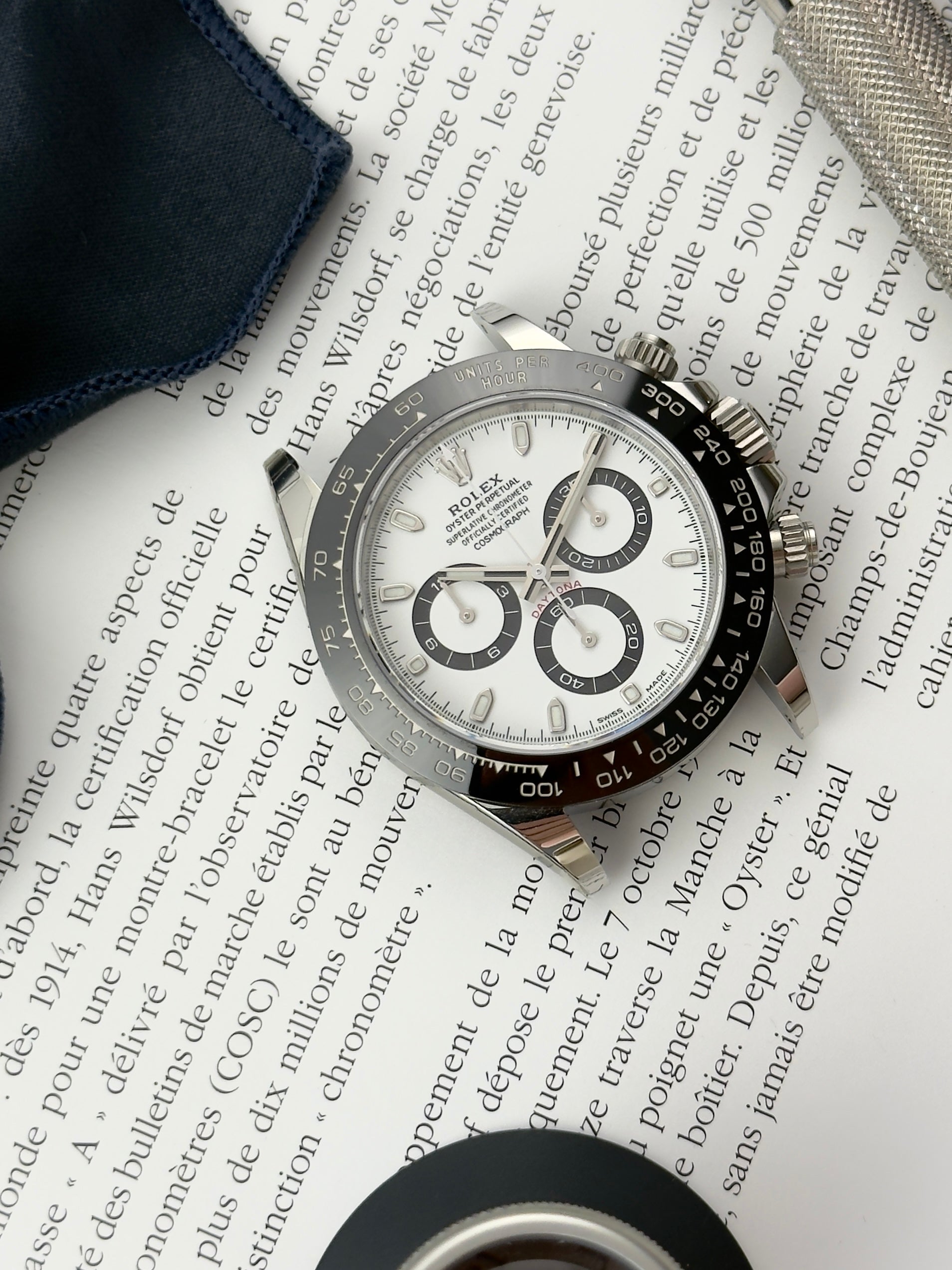 Rolex Daytona 116500LN med hvid skive i mint stand komplet sæt.