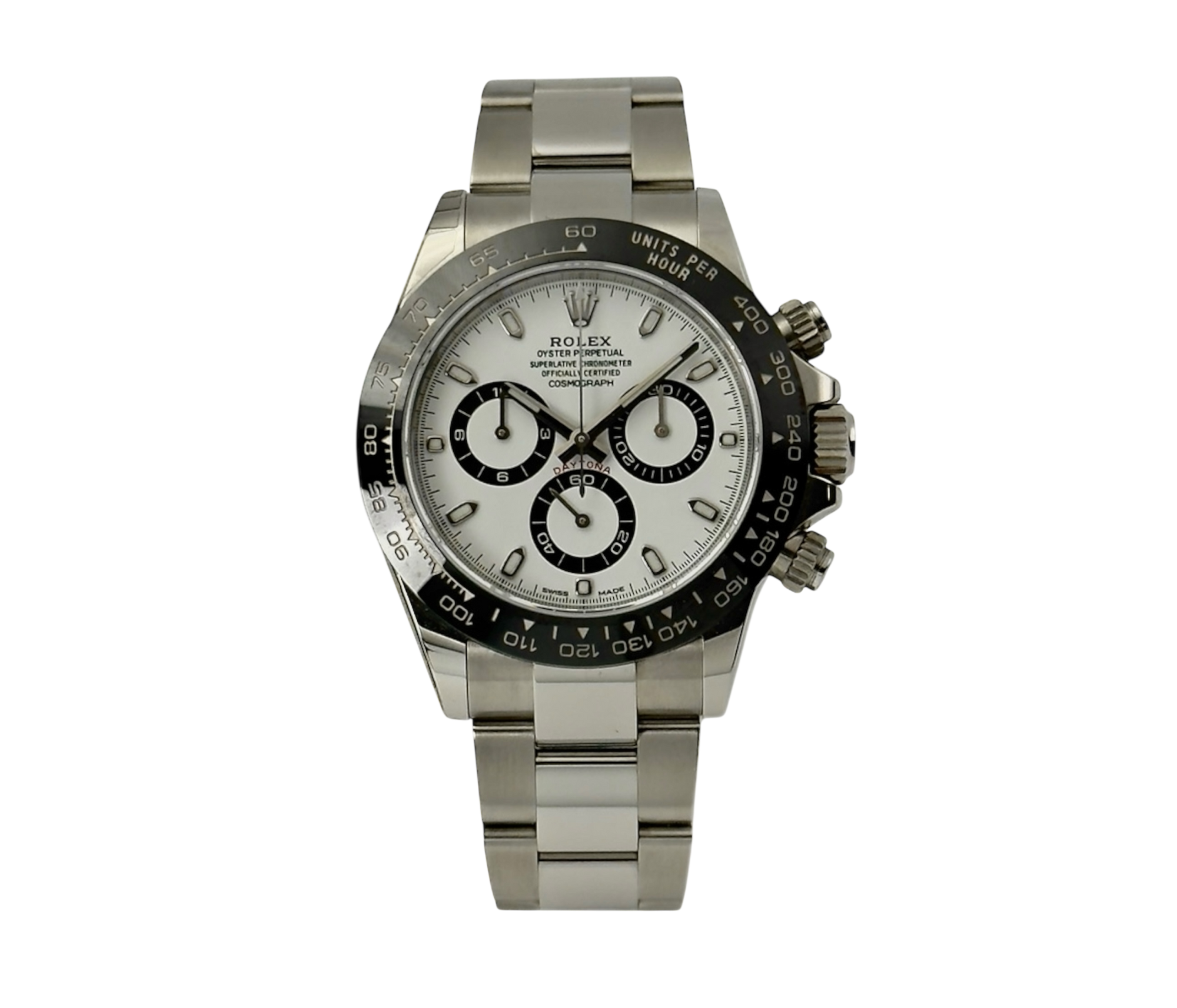 Rolex Daytona 116500LN stående frontvisning med hvid skive i mint stand komplet sæt.