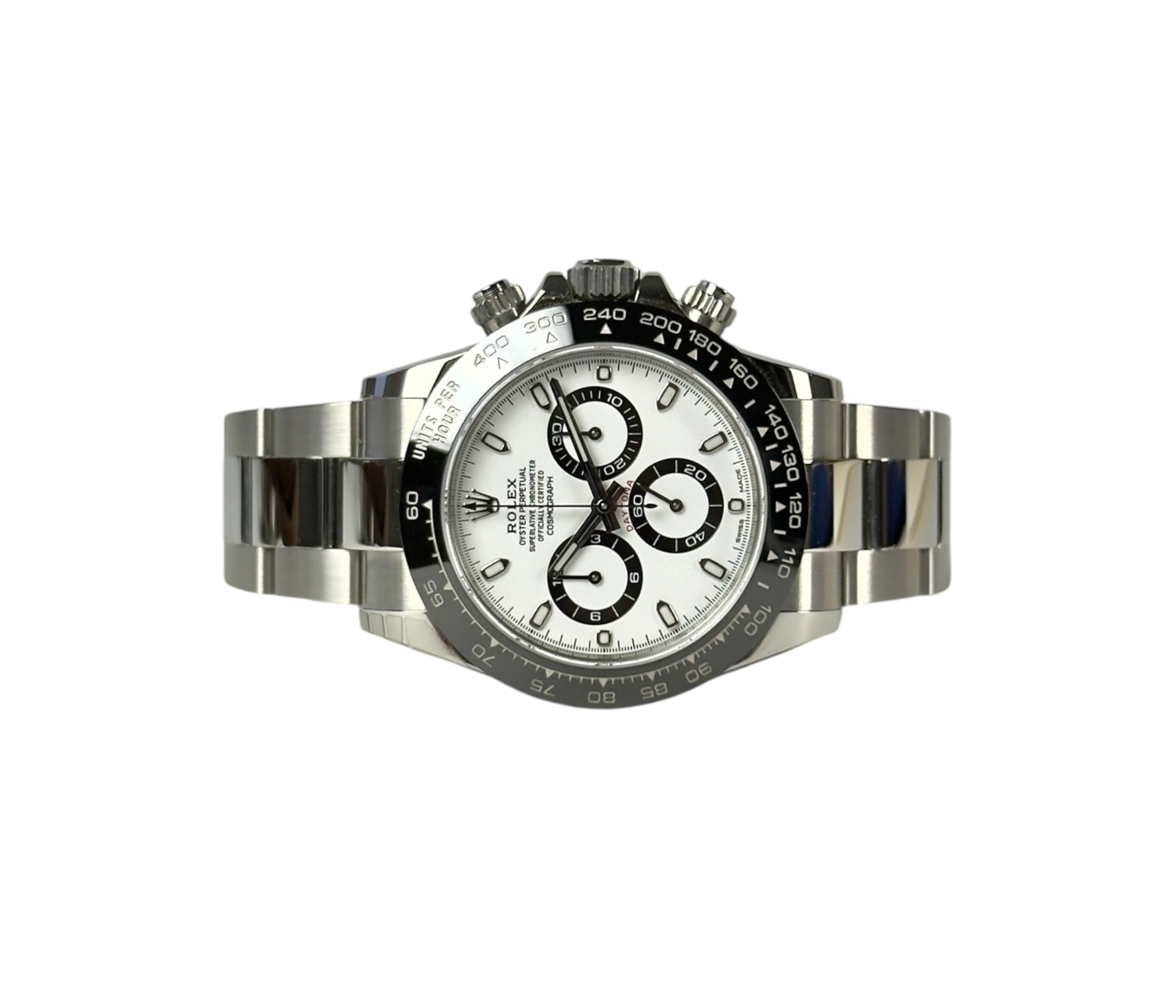 Rolex Daytona 116500LN stående frontvisning med hvid skive i mint stand komplet sæt.