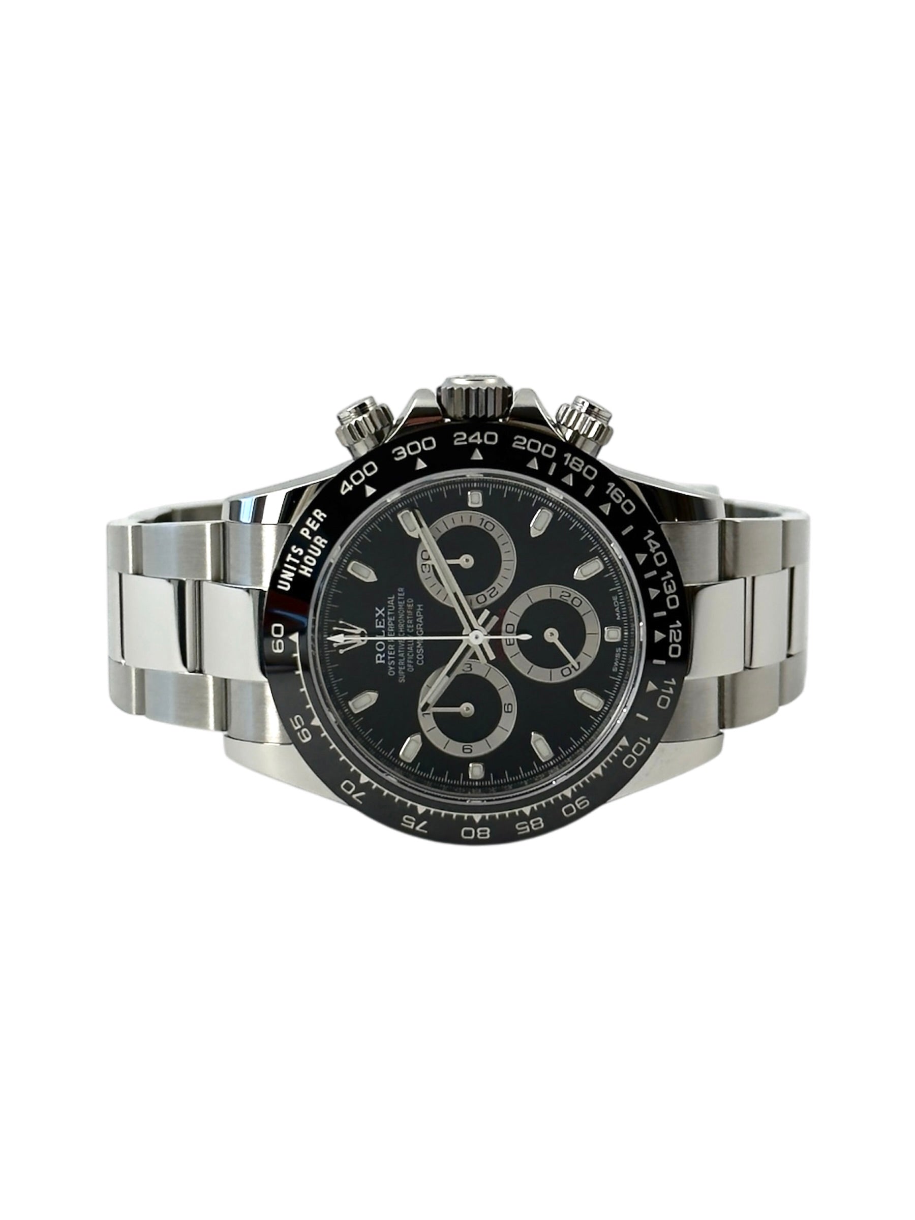 Rolex Daytona 116500LN liggende frontvisning med sort skive i mint stand komplet sæt.