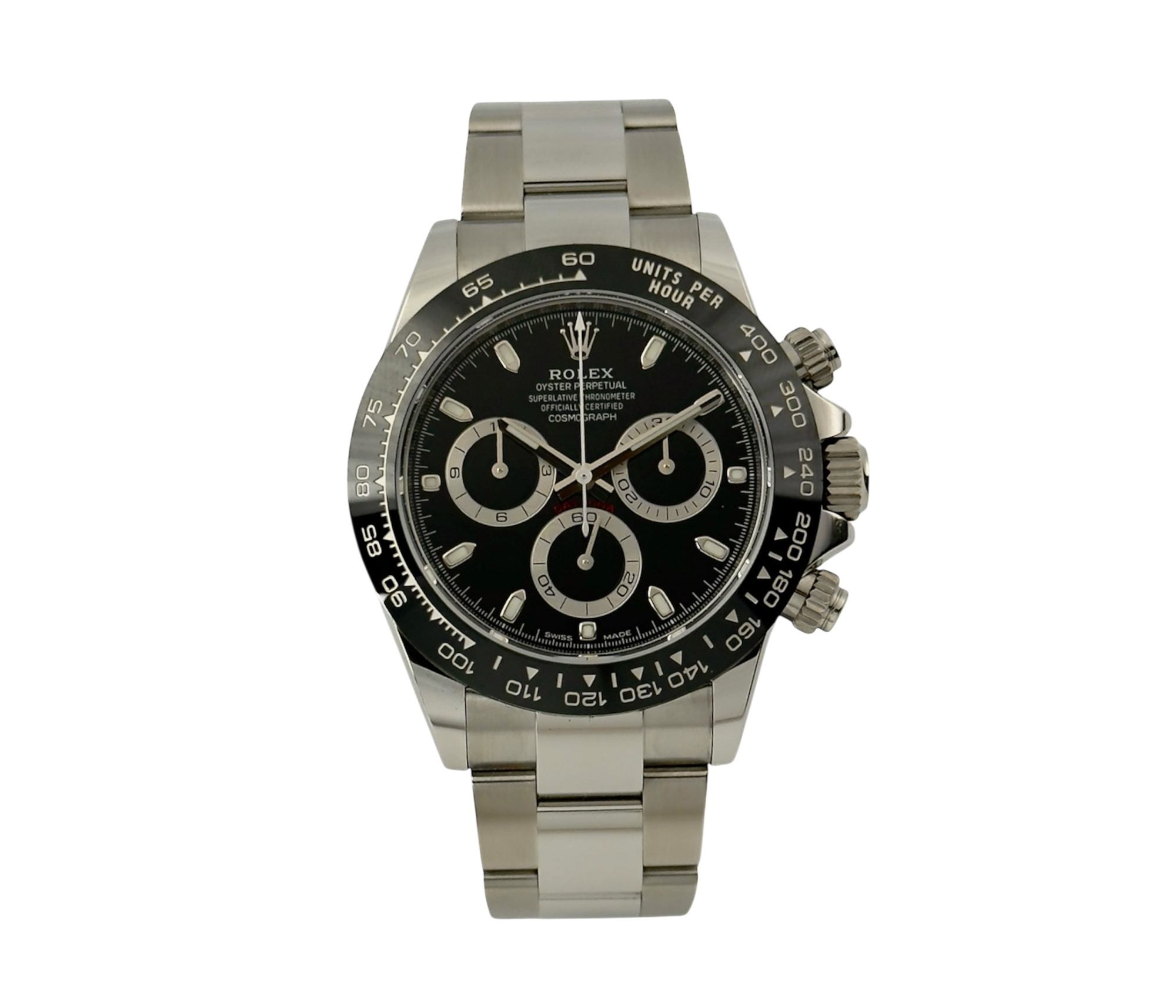 Rolex Daytona 116500LN stående frontvisning med sort skive i mint stand komplet sæt.