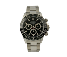 Rolex Daytona 116500LN stående frontvisning med sort skive i mint stand komplet sæt.