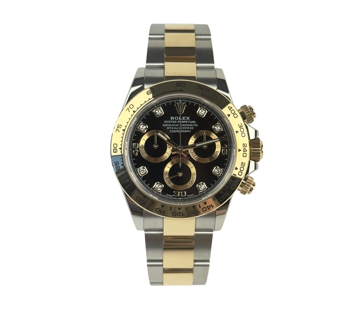 Rolex Daytona 116503 i guld/stål med diamantindeks. Fuldt sæt.