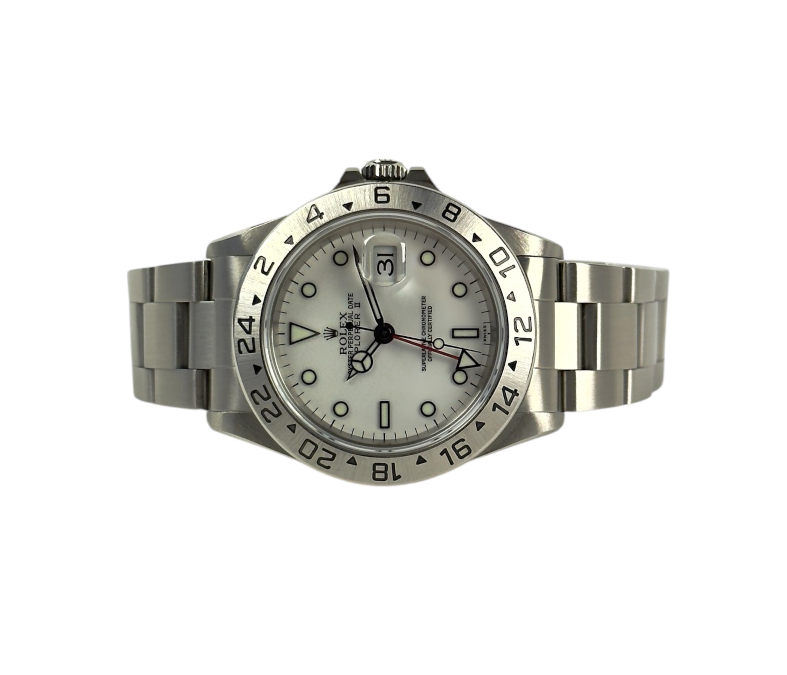 Rolex Explorer II 16570 (1999) med hvid Swiss Only Polar-skive. Uret fremstår i flot stand med nyligt service. Kommer med bokse, certifikat, manualer, servicekort og hangtag.